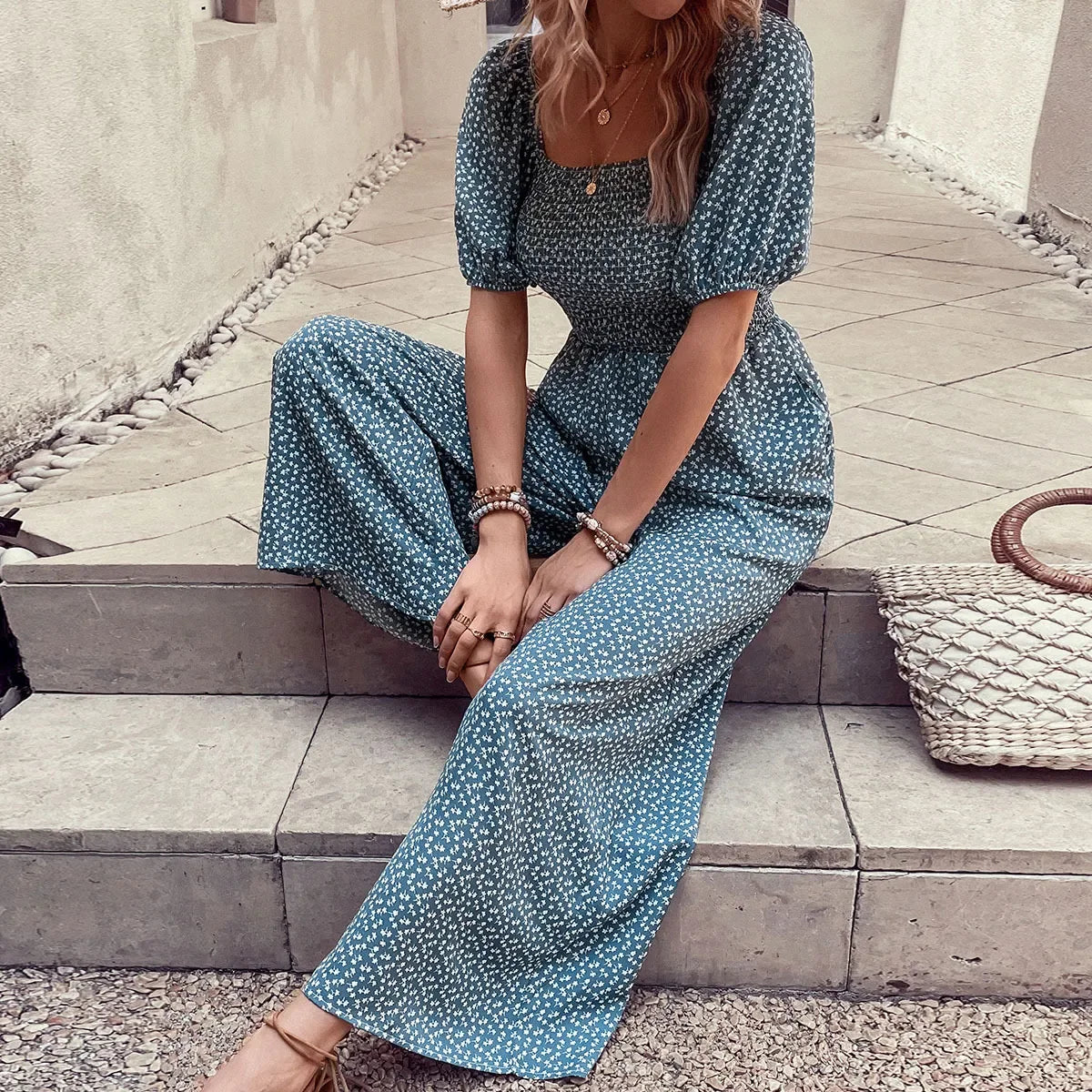 Printed Square Neck Puff Sleeve Jumpsuit - Southern Shores Clothing