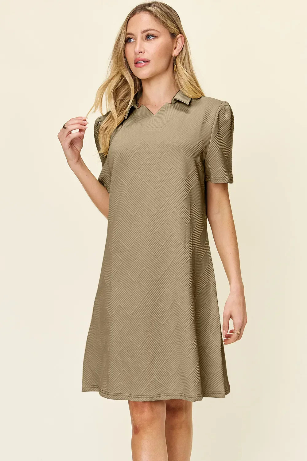 Textured Collared Neck Short Sleeve Dress - Southern Shores Clothing