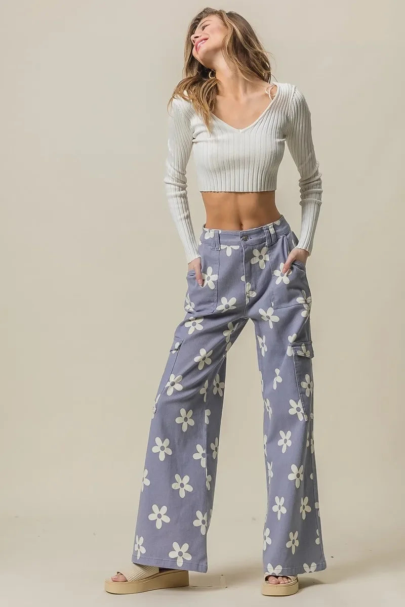Floral Printed Wide Leg Pants With Pockets - Southern Shores Clothing