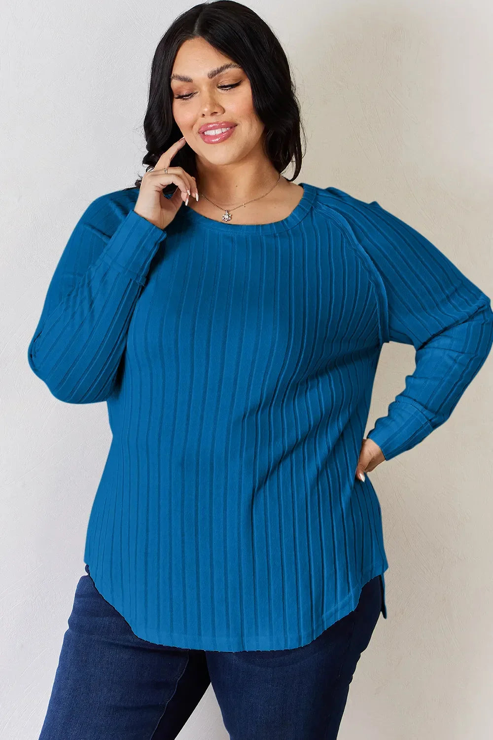Ribbed Round Neck Slit T Shirt With Stretch - Southern Shores Clothing