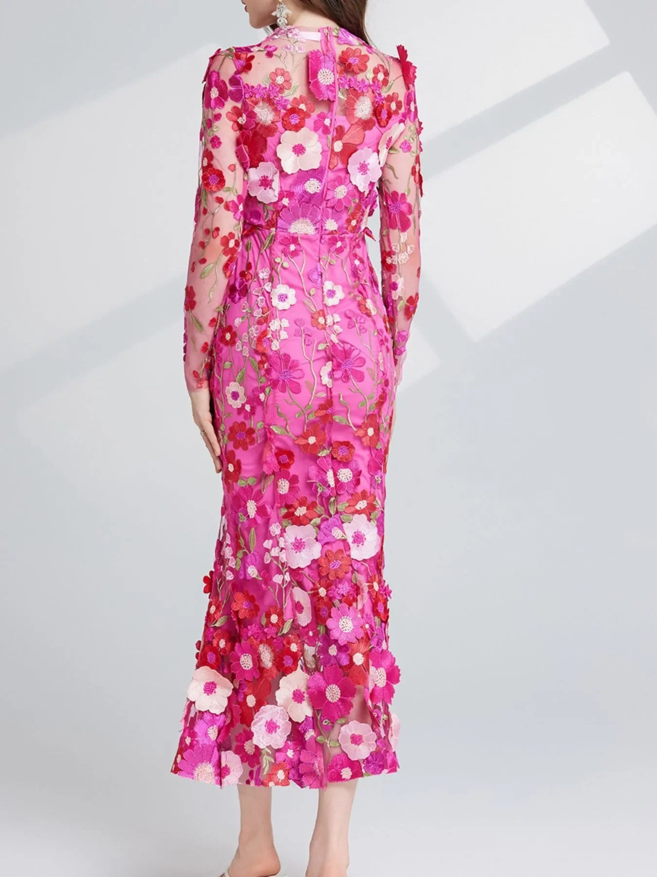 Floral Embroidered Magnolia Mesh Long Sleeve Midi Dress - Southern Shores Clothing