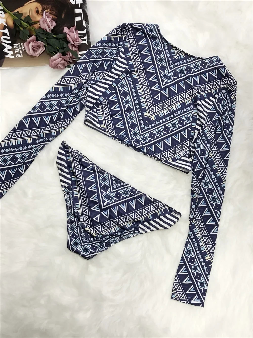 Geometric Print Long Sleeve Swim Top And Two-Piece Brief Set - Southern Shores Clothing