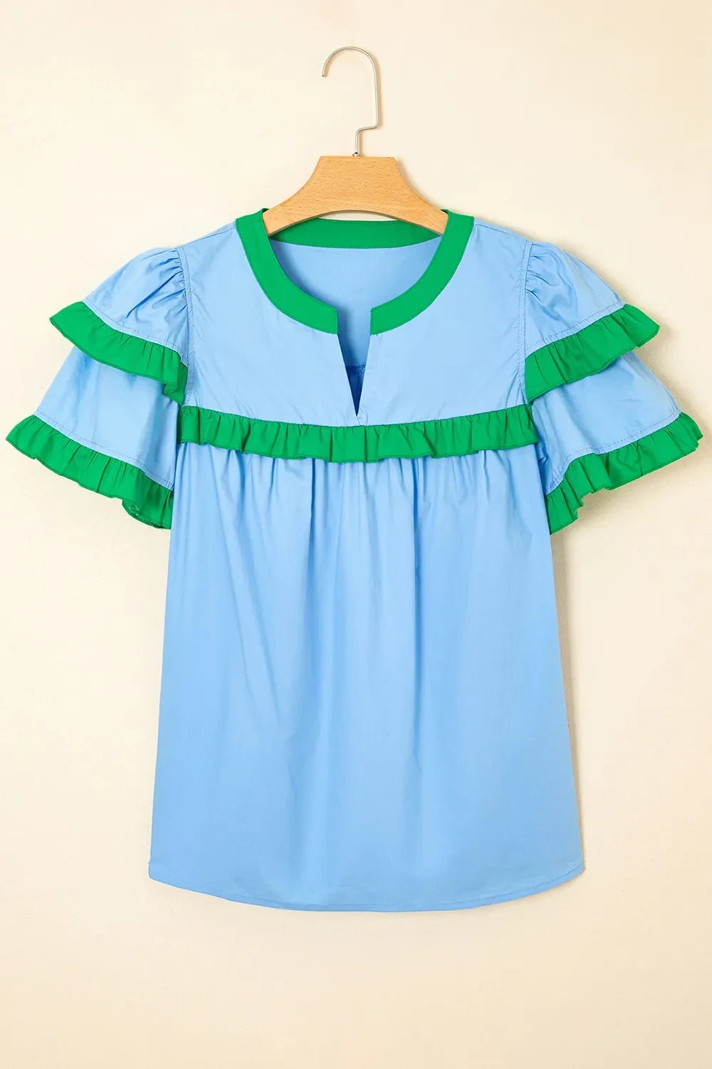 Cotton Notched Neck Frilly Detail Short Sleeve Blouse - Southern Shores Clothing