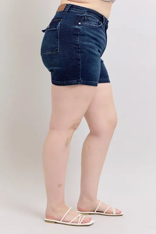 High Waist Denim Shorts With Back Flap Pocket Plus Size - Southern Shores Clothing