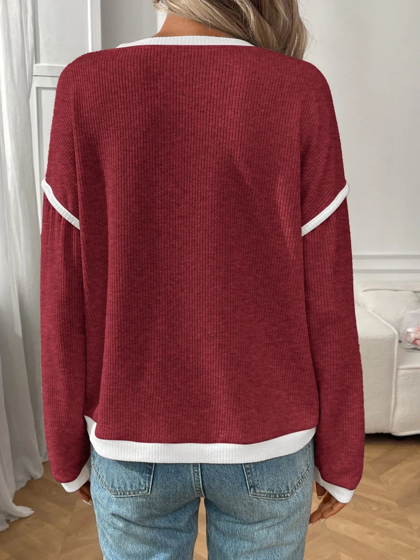 Ribbed Contrast Trim Long Sleeve Top - Southern Shores Clothing