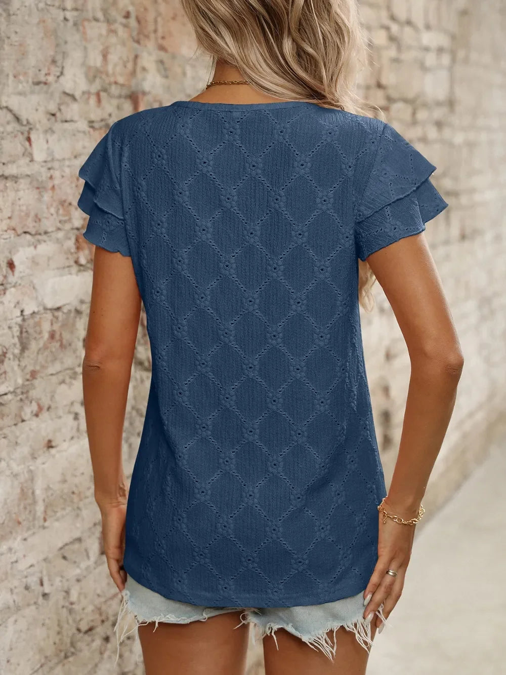 Eyelet Round Neck Ruffled Short Sleeve Top - Southern Shores Clothing
