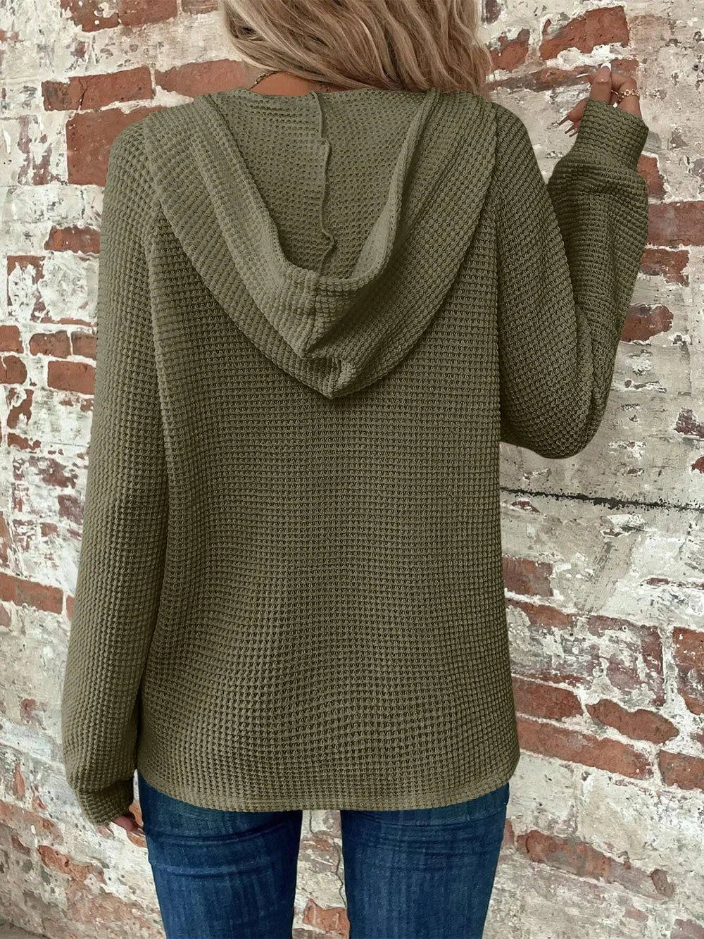 Waffle Knit Long Sleeve Drawstring Hooded Top - Southern Shores Clothing