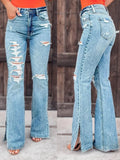 Stretch Denim Beach Inspired Distressed Slit Bootcut Jeans