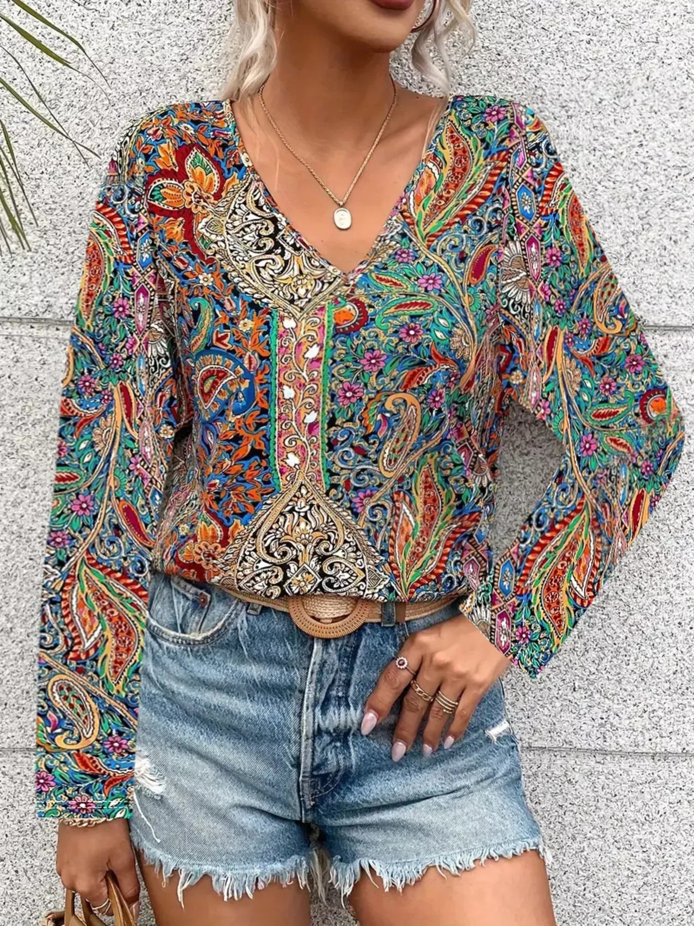 Paisley Print V Neck Long Sleeve Blouse Silhouette Classic - Southern Shores Clothing