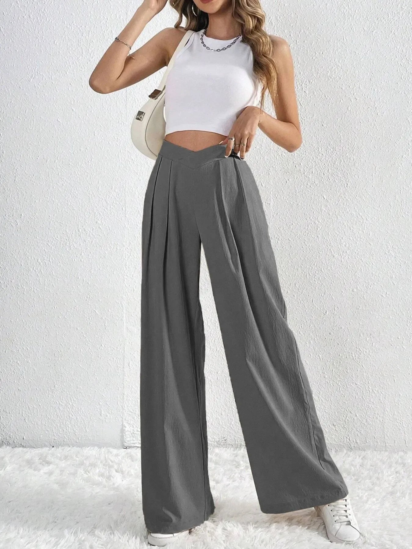 V-Waisted Ruched Front Flowing Wide Leg Pants Casual Wear - Southern Shores Clothing