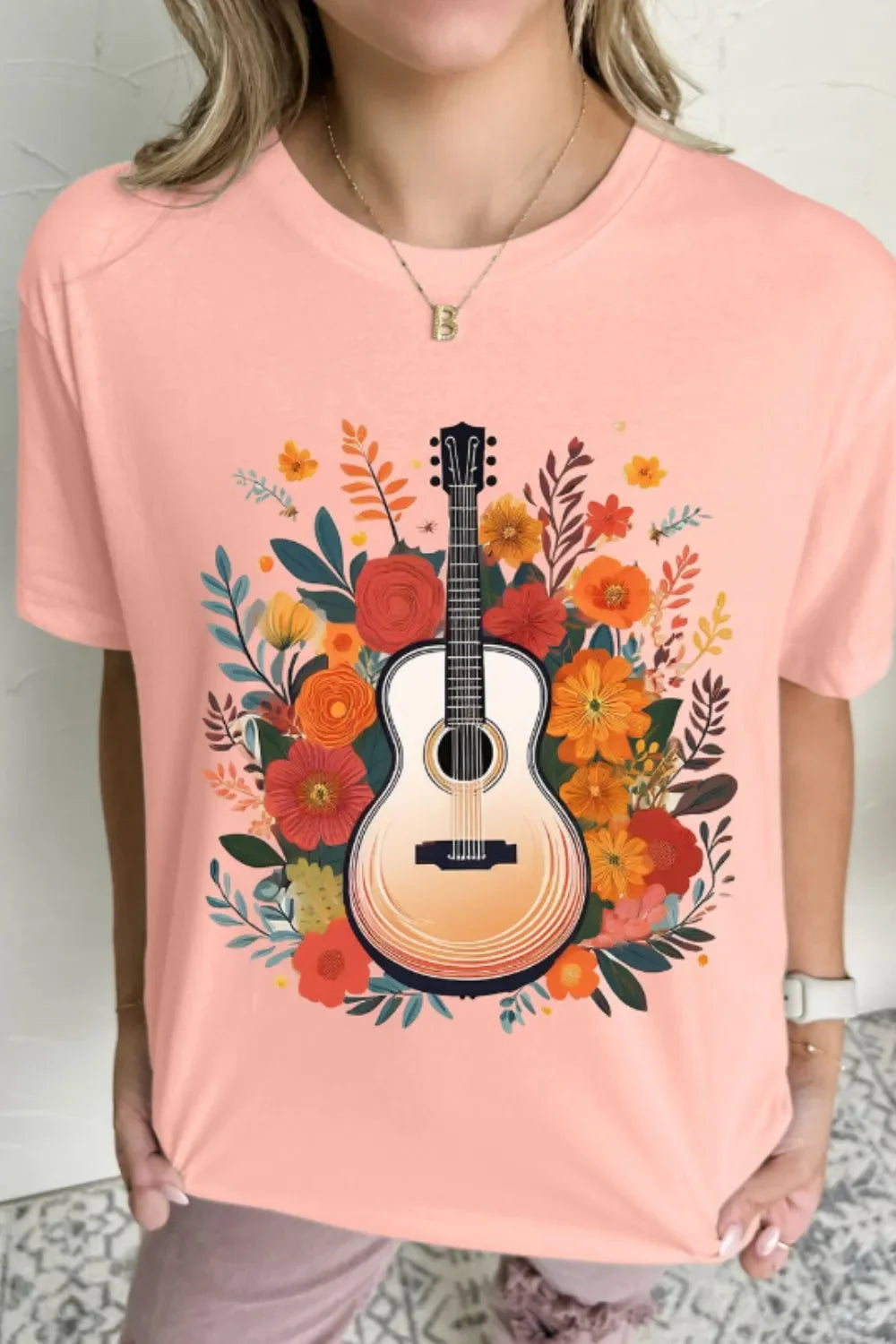 Guitar Flower Print Crew Neck T Shirt Loose Fit - Southern Shores Clothing