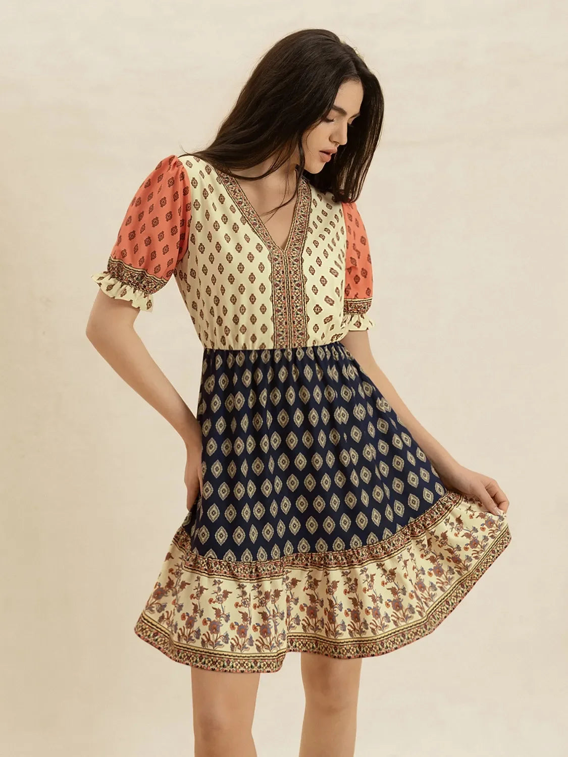 V-Neck Short Sleeve Boho Dress With Printed Paisley Pattern - Southern Shores Clothing