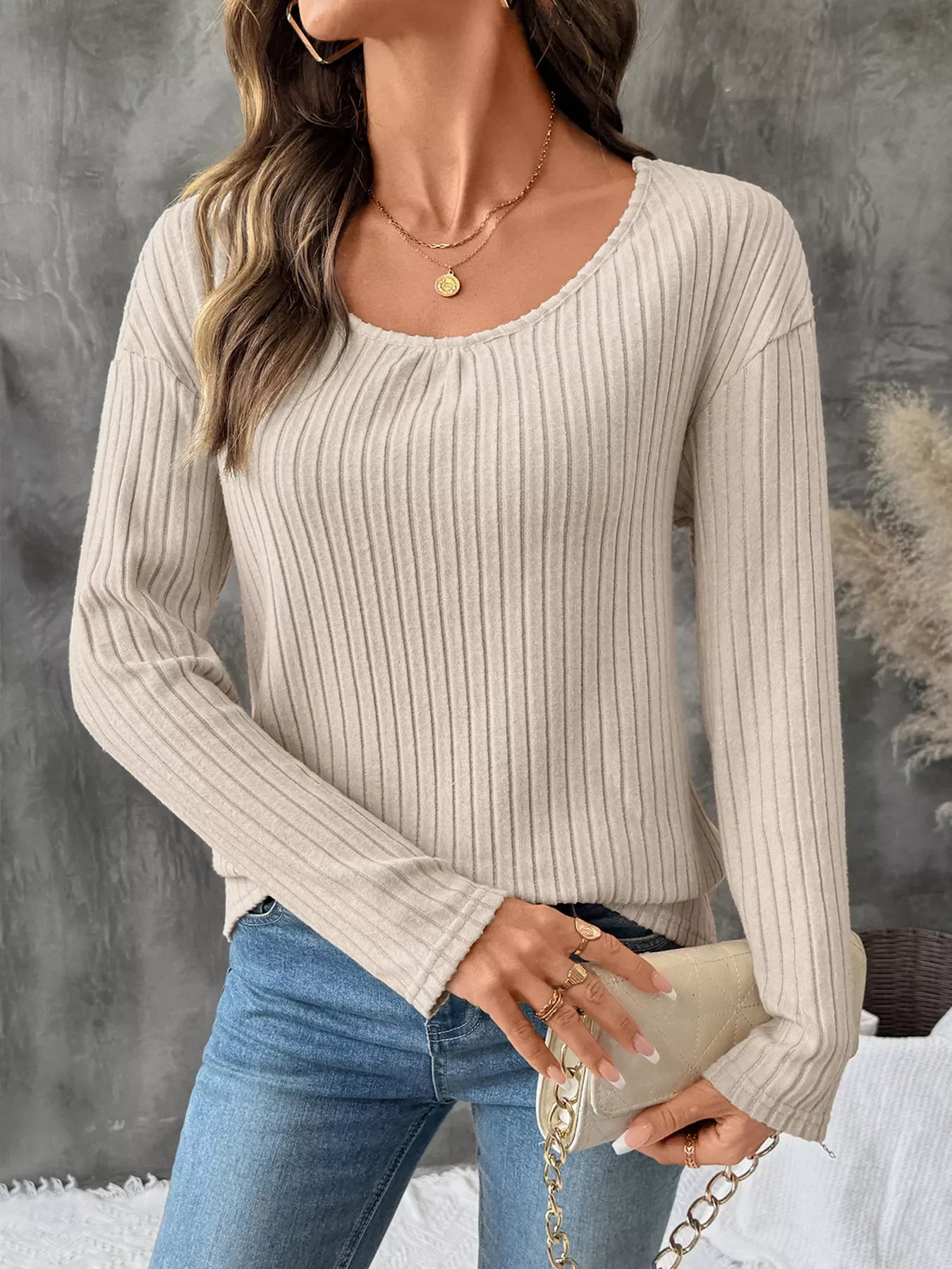 Lace Detail Ribbed Knit Long Sleeve T-Shirt - Southern Shores Clothing
