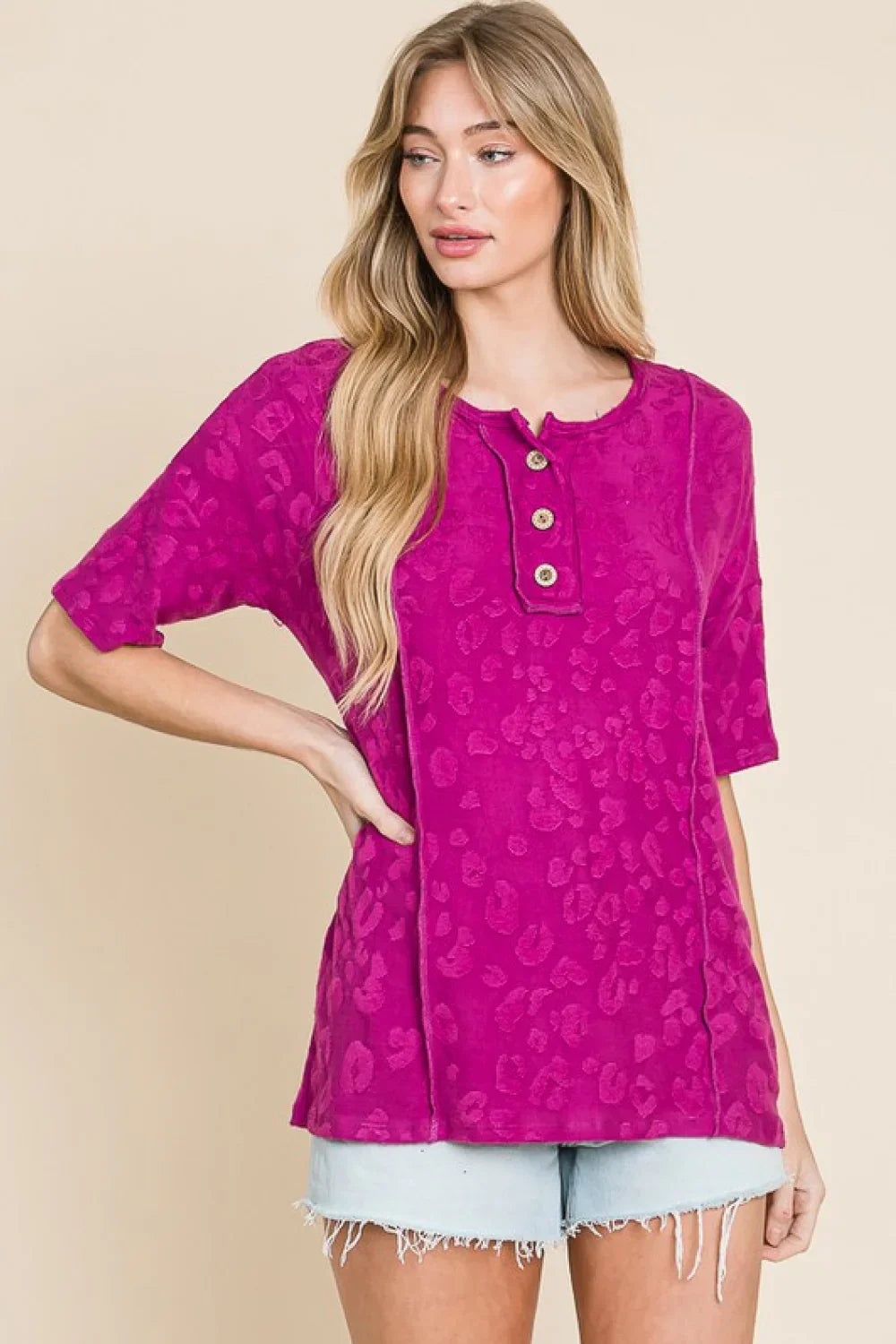 Animal Print Textured Blouse With Button Placket Relaxed Fit - Southern Shores Clothing