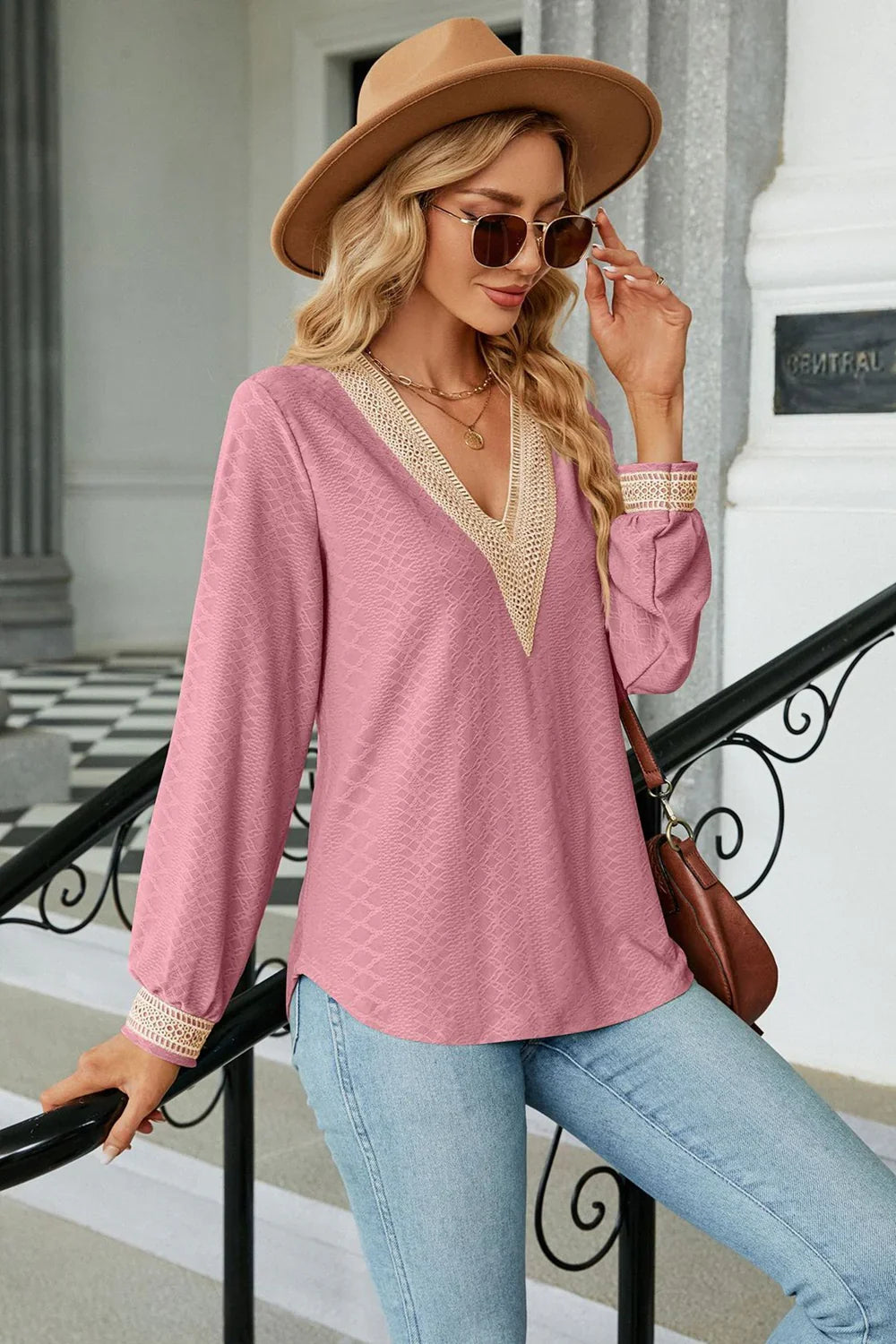 Southern Shores Clothing V-Neck Long Sleeve Lace Rayon Blouse For Casual And Sophisticated Everyday Wear - Southern Shores Clothing