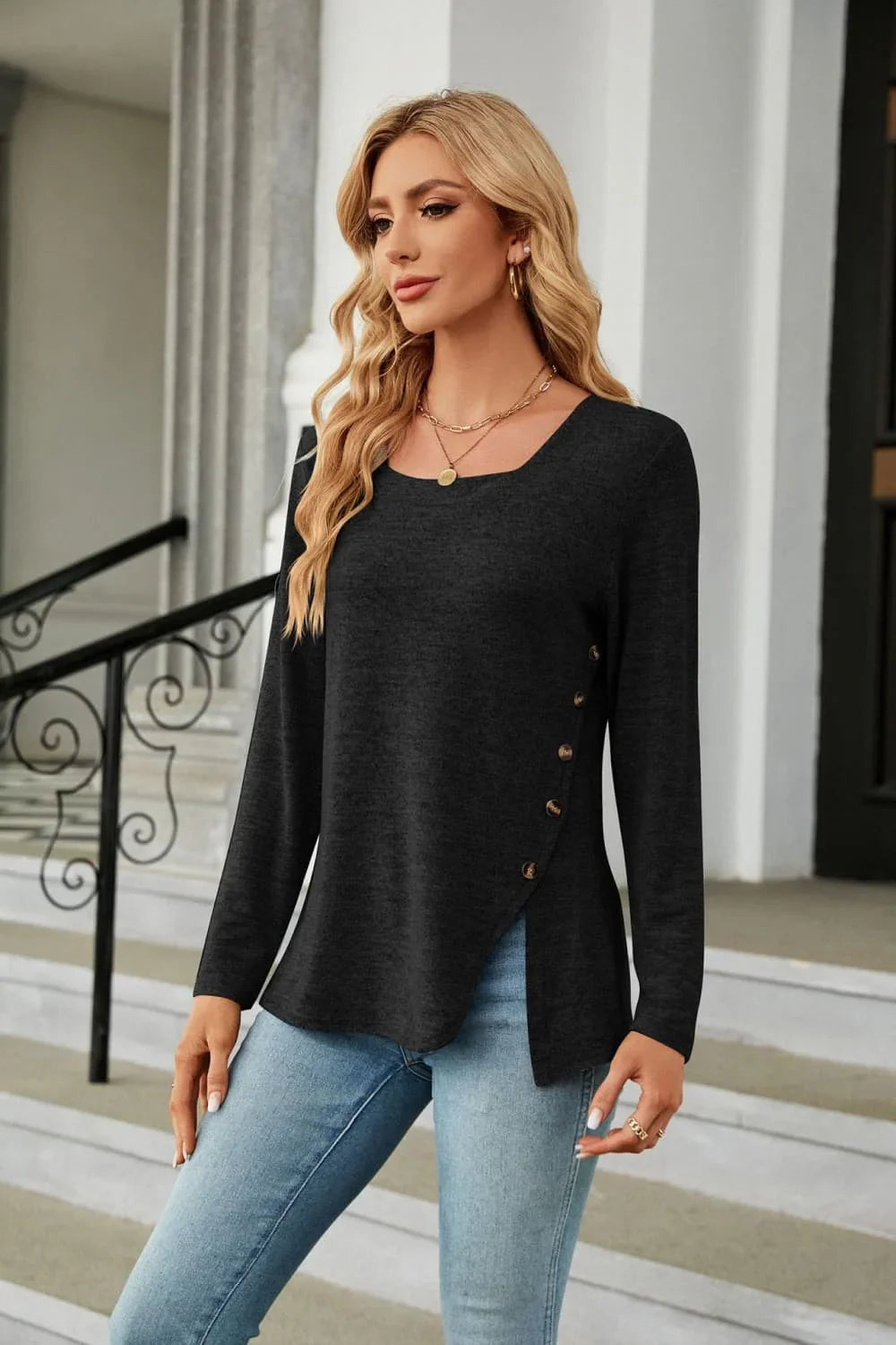 Square Neck Long Sleeve Slit Stretchy T Shirt - Southern Shores Clothing