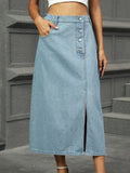 Denim Midi Skirt With Slit Button Detail - Southern Shores Clothing