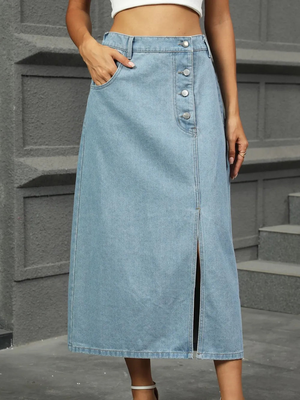 Coastal Inspired Slit Button Detail Denim Midi Skirt