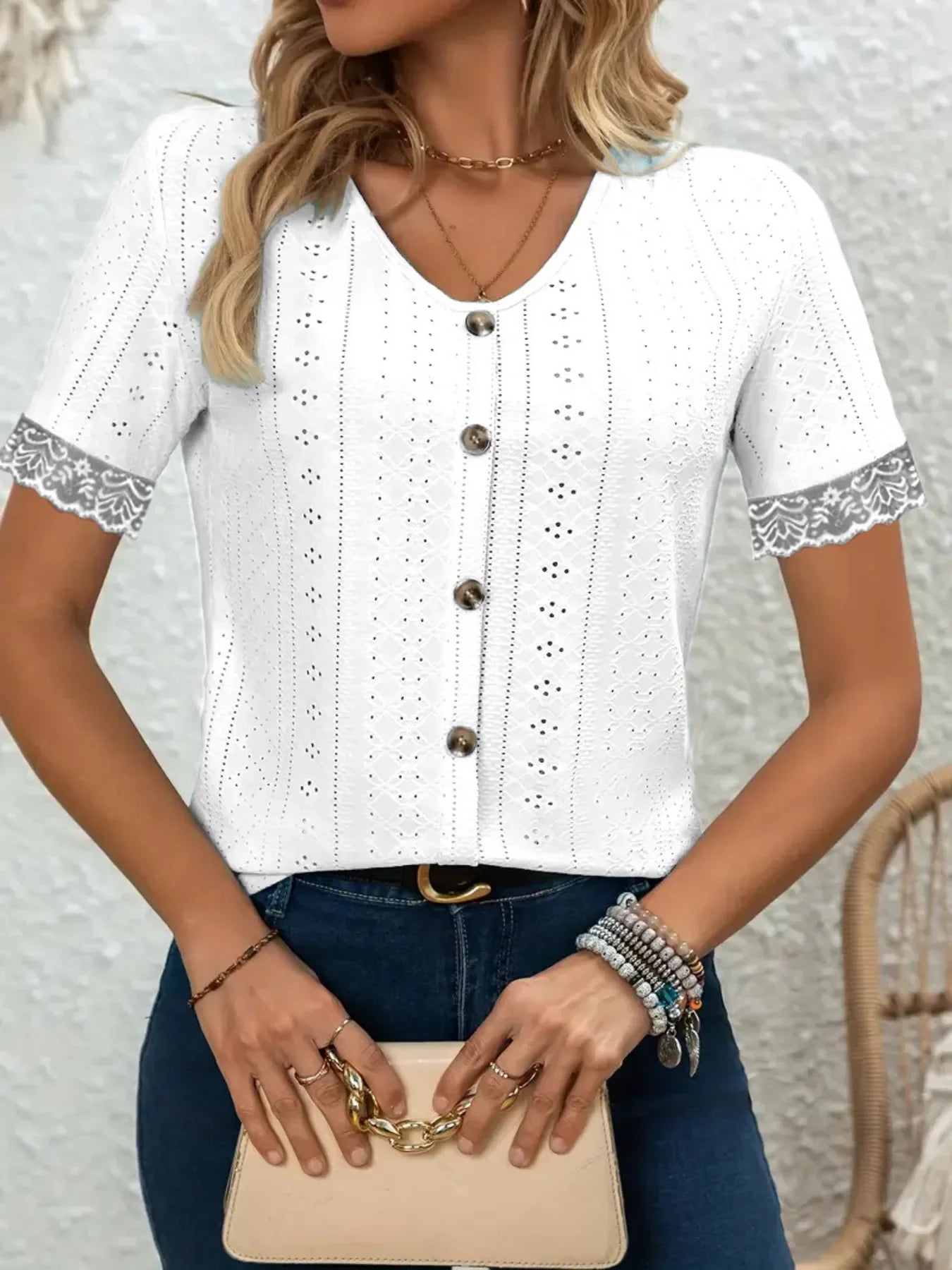Eyelet Lace Trim Short Sleeve Blouse With Button - Southern Shores Clothing