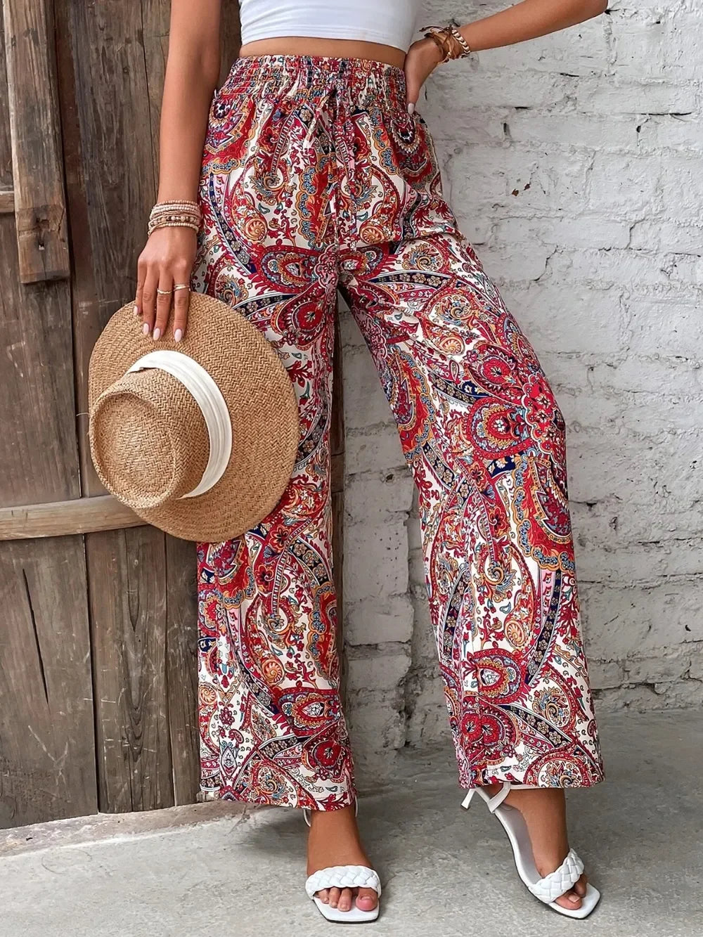 Printed Wide Leg Pants With Paisley Print Drawstring Waist - Southern Shores Clothing