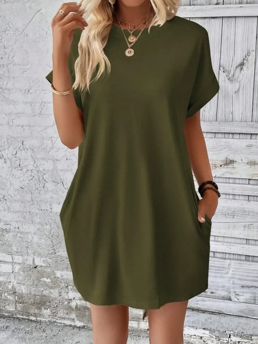 Pocketed Round Neck Short Sleeve Dress - Southern Shores Clothing