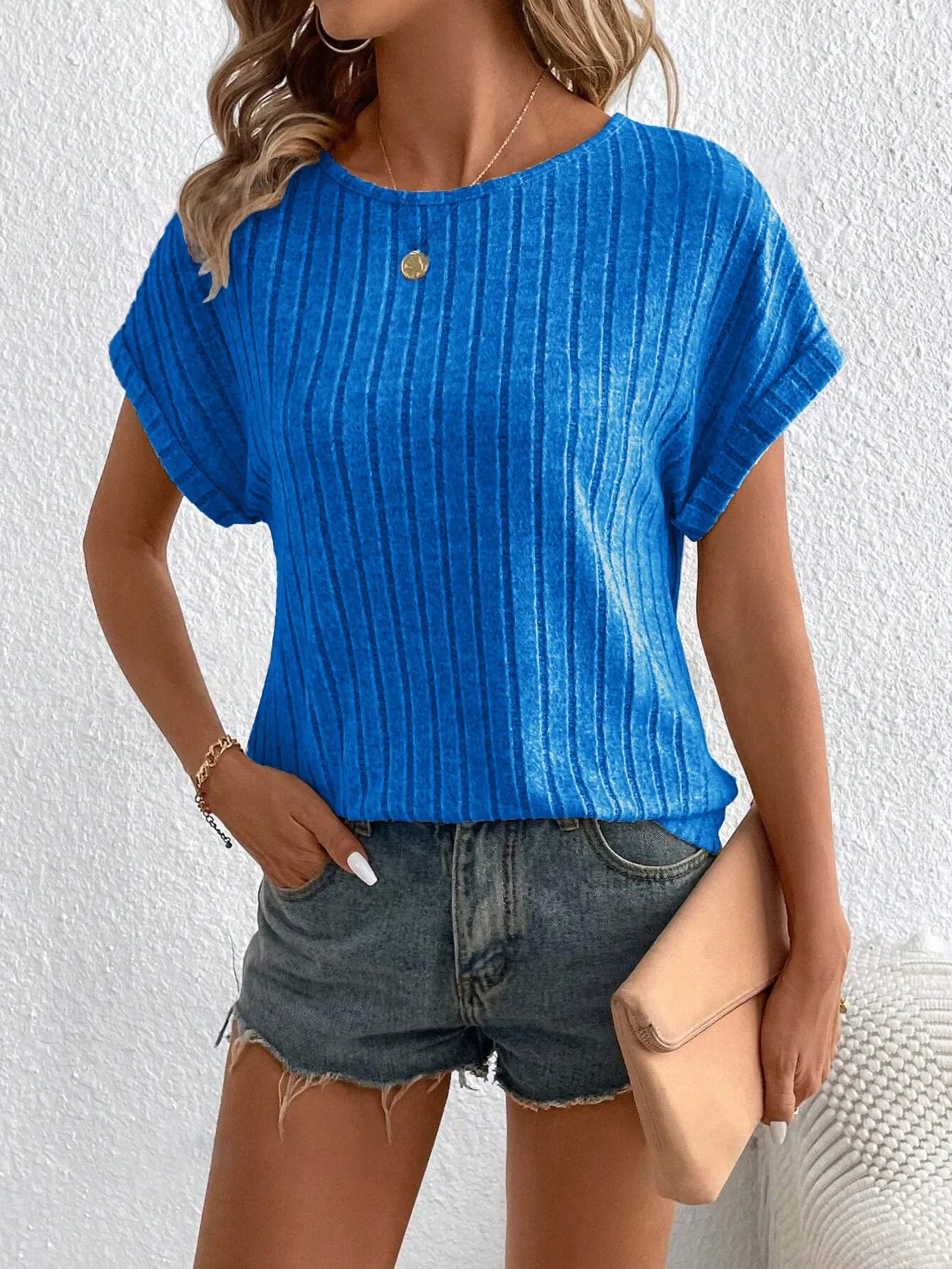 Plus Size Ribbed Texture Short Sleeve T-Shirt - Southern Shores Clothing