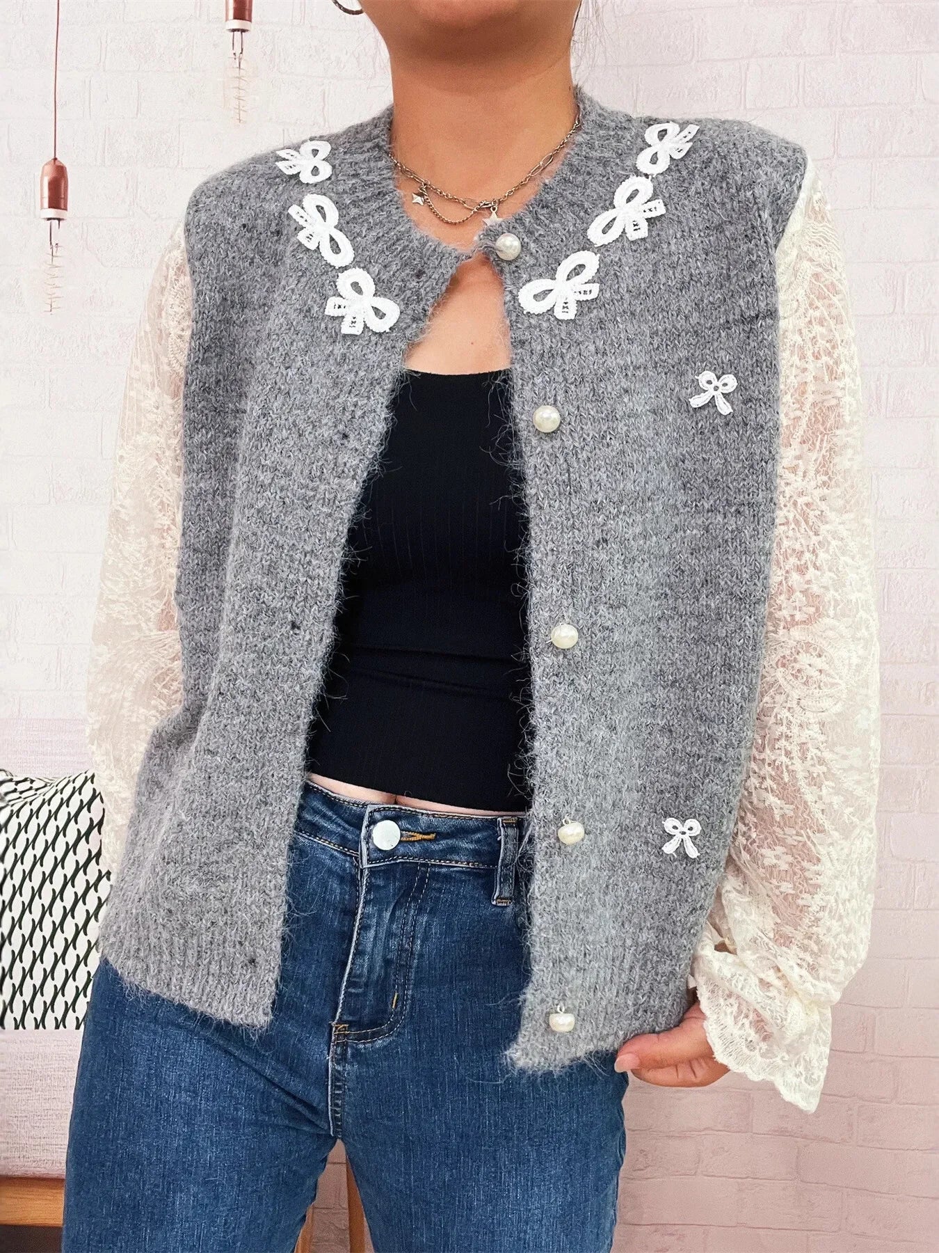 Lace Sleeve Button-Up Cardigan With Ruffled Detail - Southern Shores Clothing