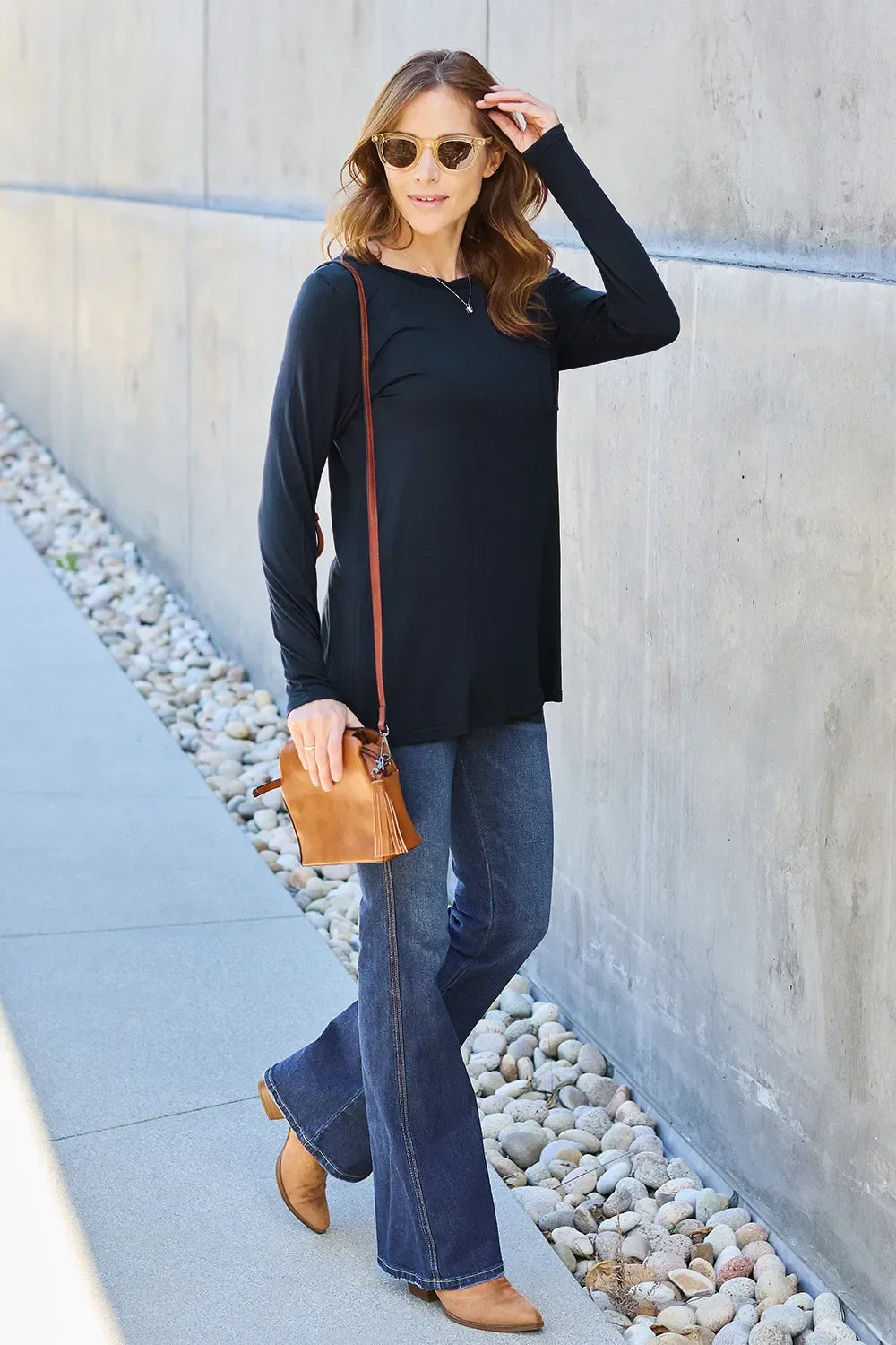 Round Neck Long Sleeve Top With Pockets Classic - Southern Shores Clothing