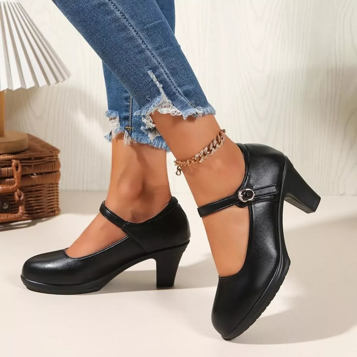 Elegant Mid Heel Buckle Block Heel Pumps