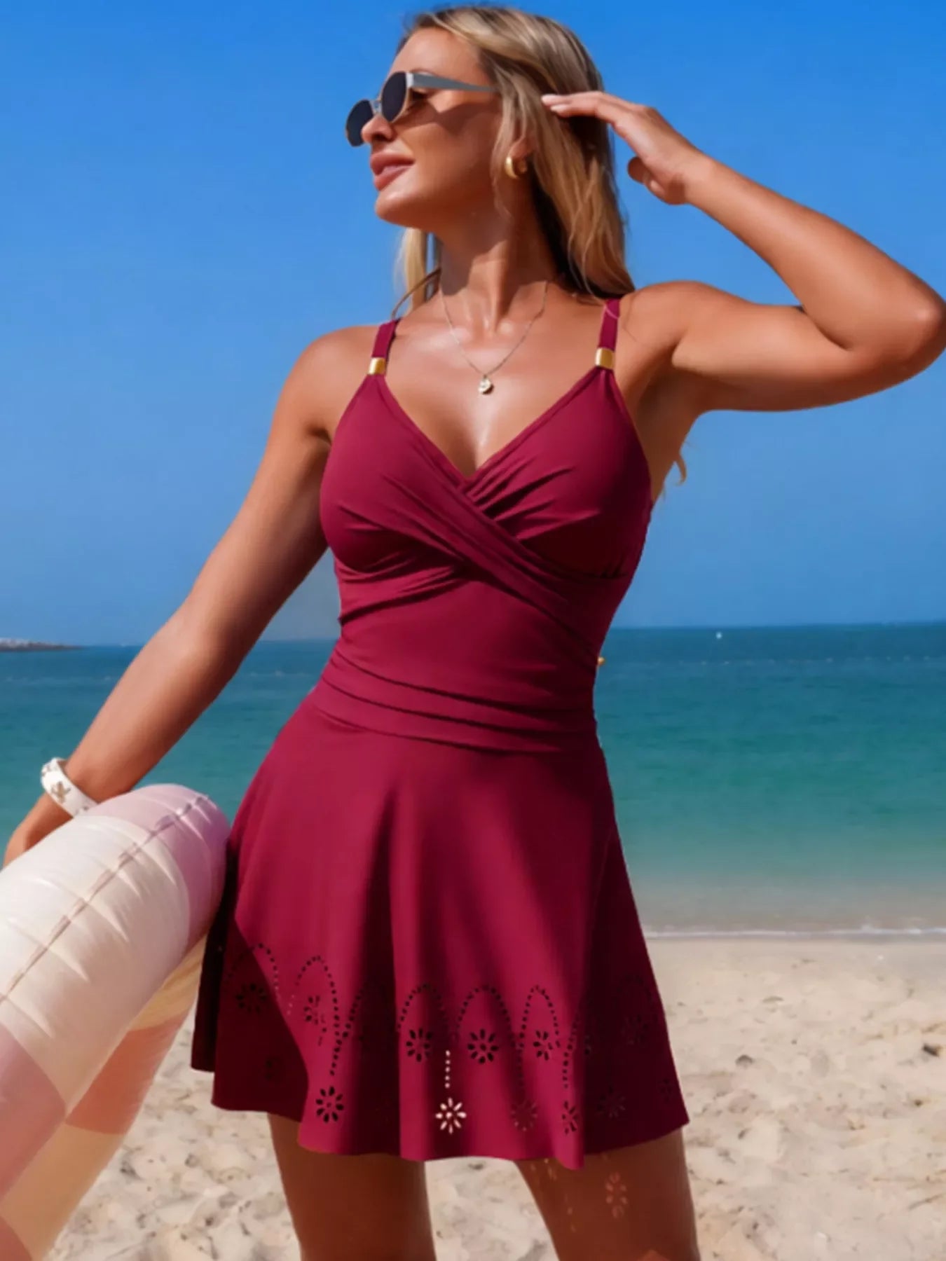 Crossover Ruched One-Piece Swim Dress With Removable Chest Pad - Southern Shores Clothing