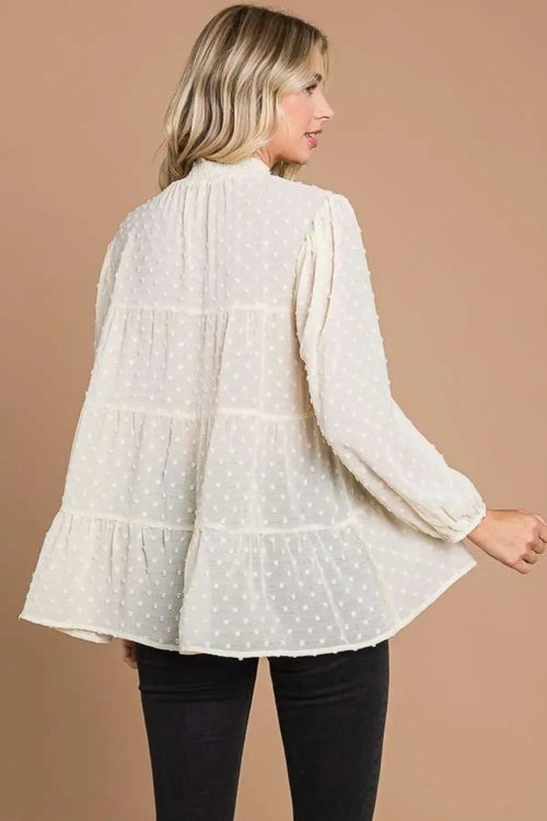 Swiss Dot Smocked Mock Neck Flowy Blouse With Sheer Sleeves - Southern Shores Clothing