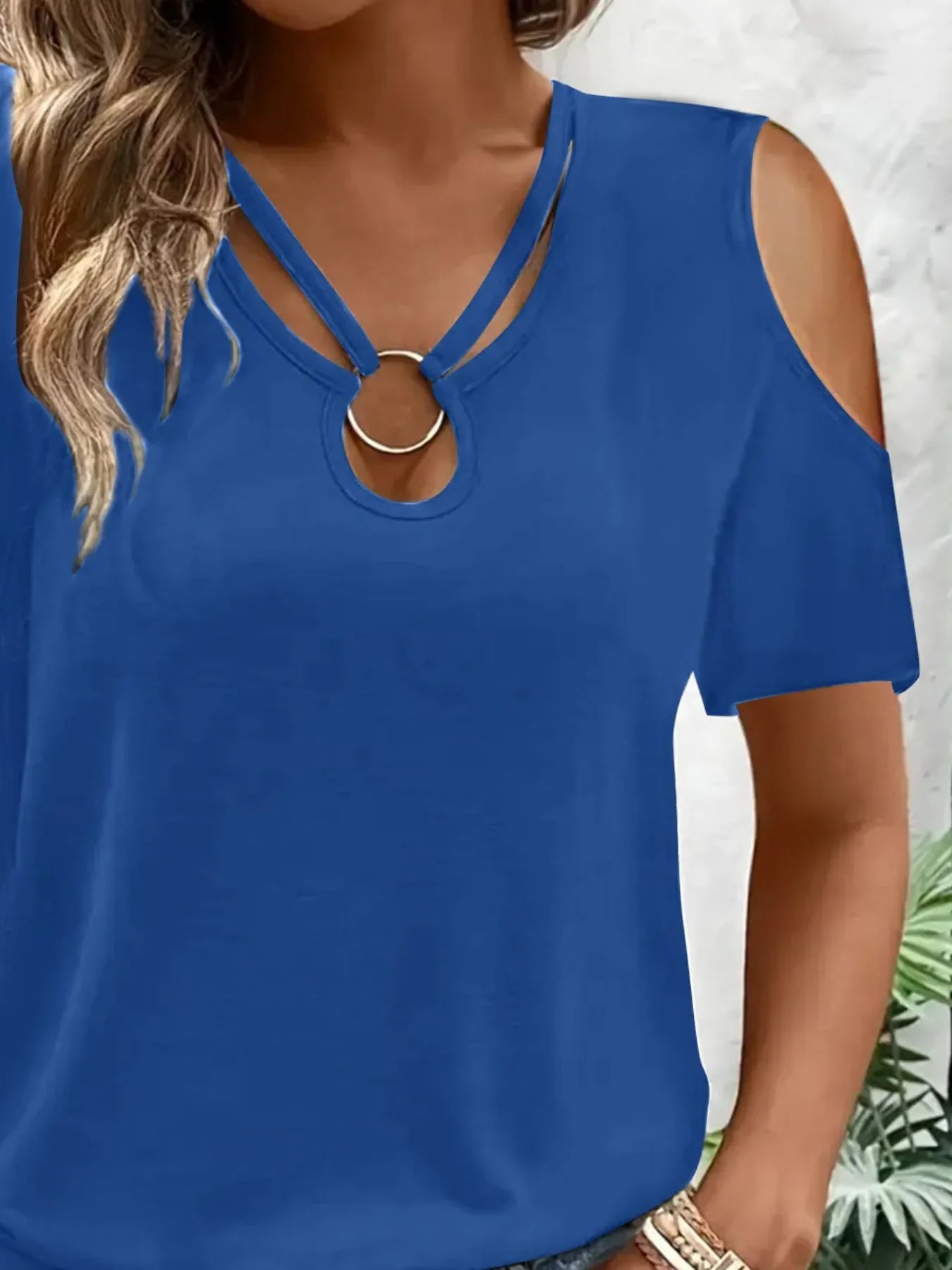 Stretch Cold Shoulder Tee With Metal Ring Detail - Southern Shores Clothing