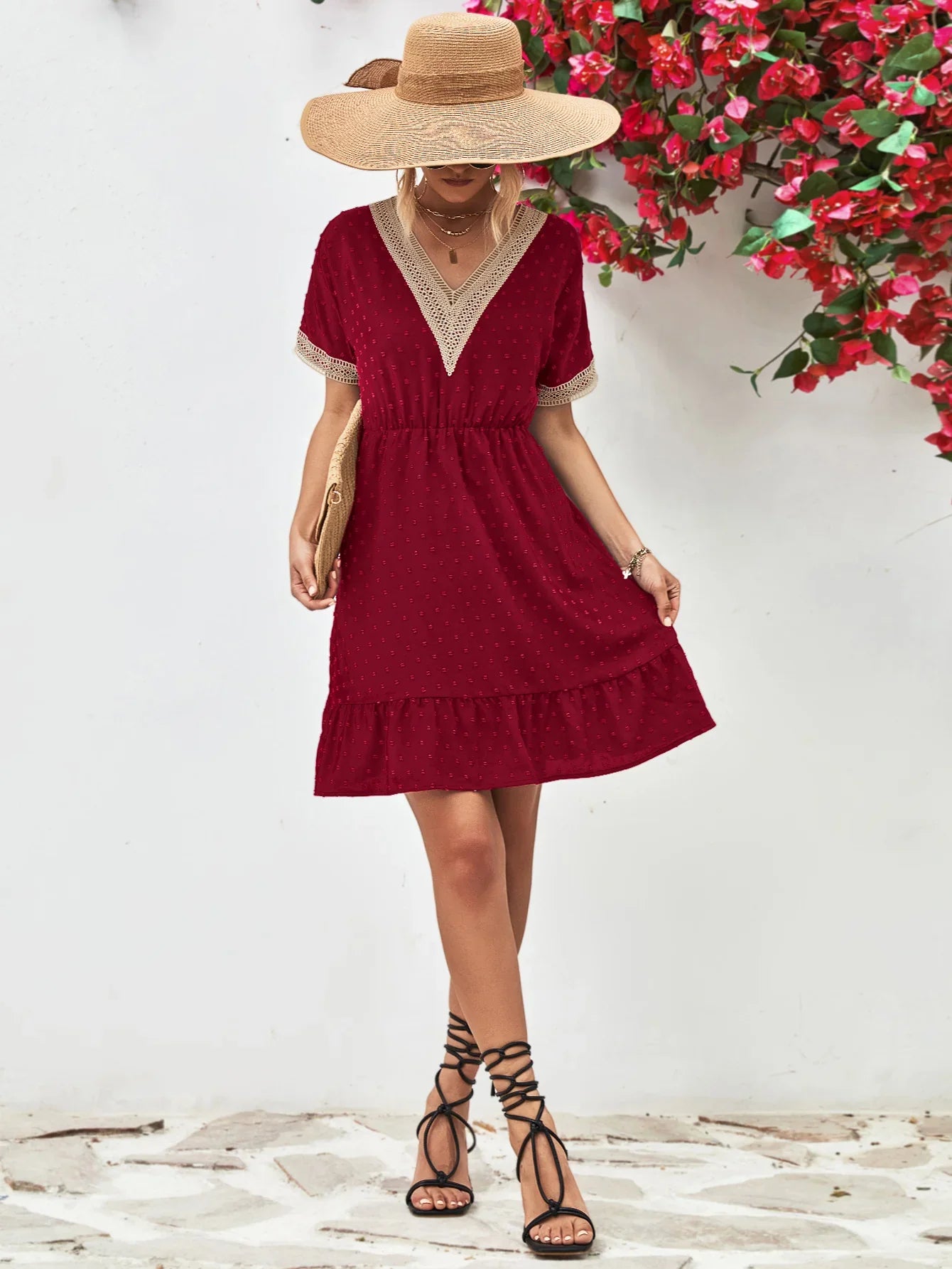 Contrast V-Neck Short Sleeve Mini Dress - Southern Shores Clothing