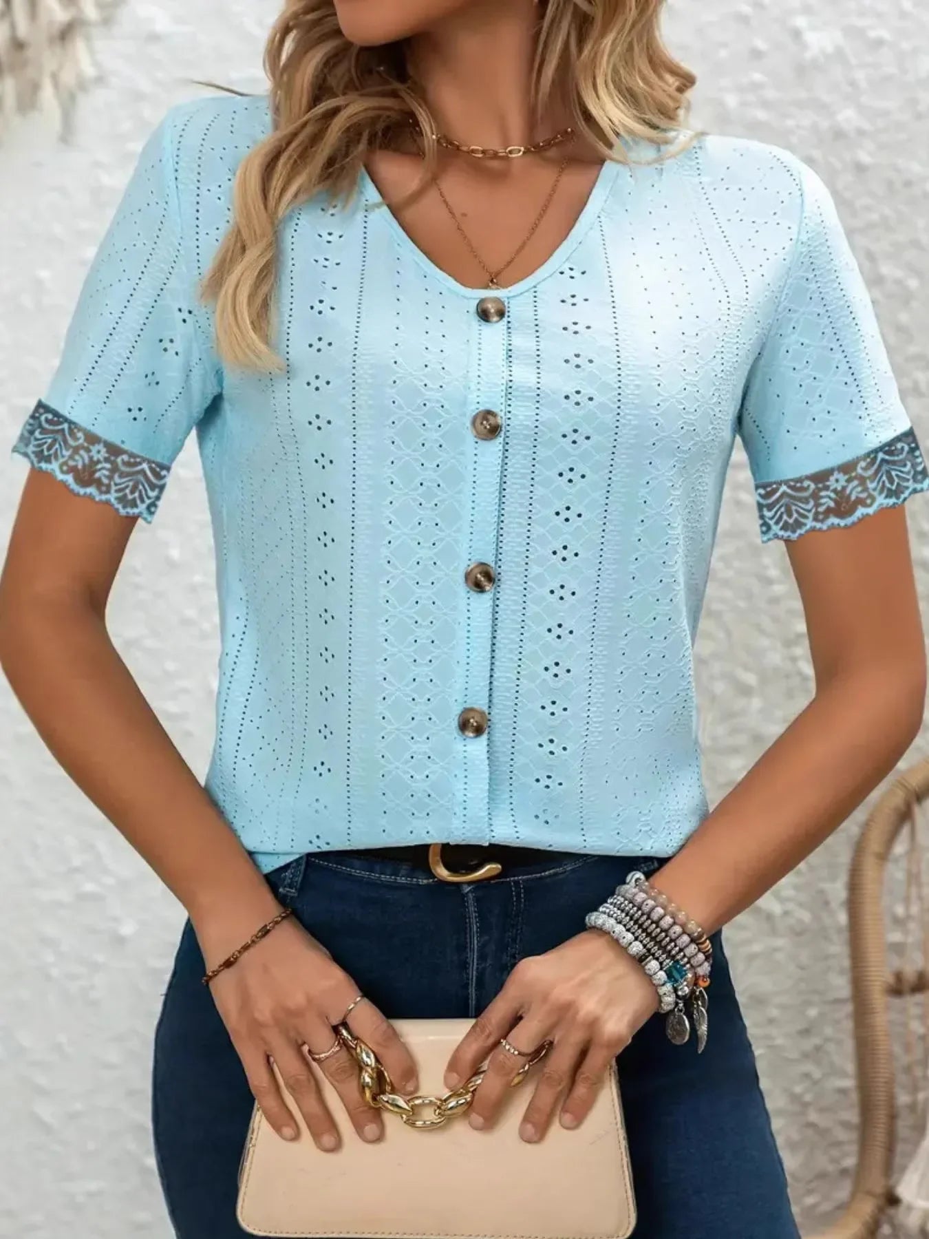 Eyelet Lace Trim Short Sleeve Blouse With Button - Southern Shores Clothing
