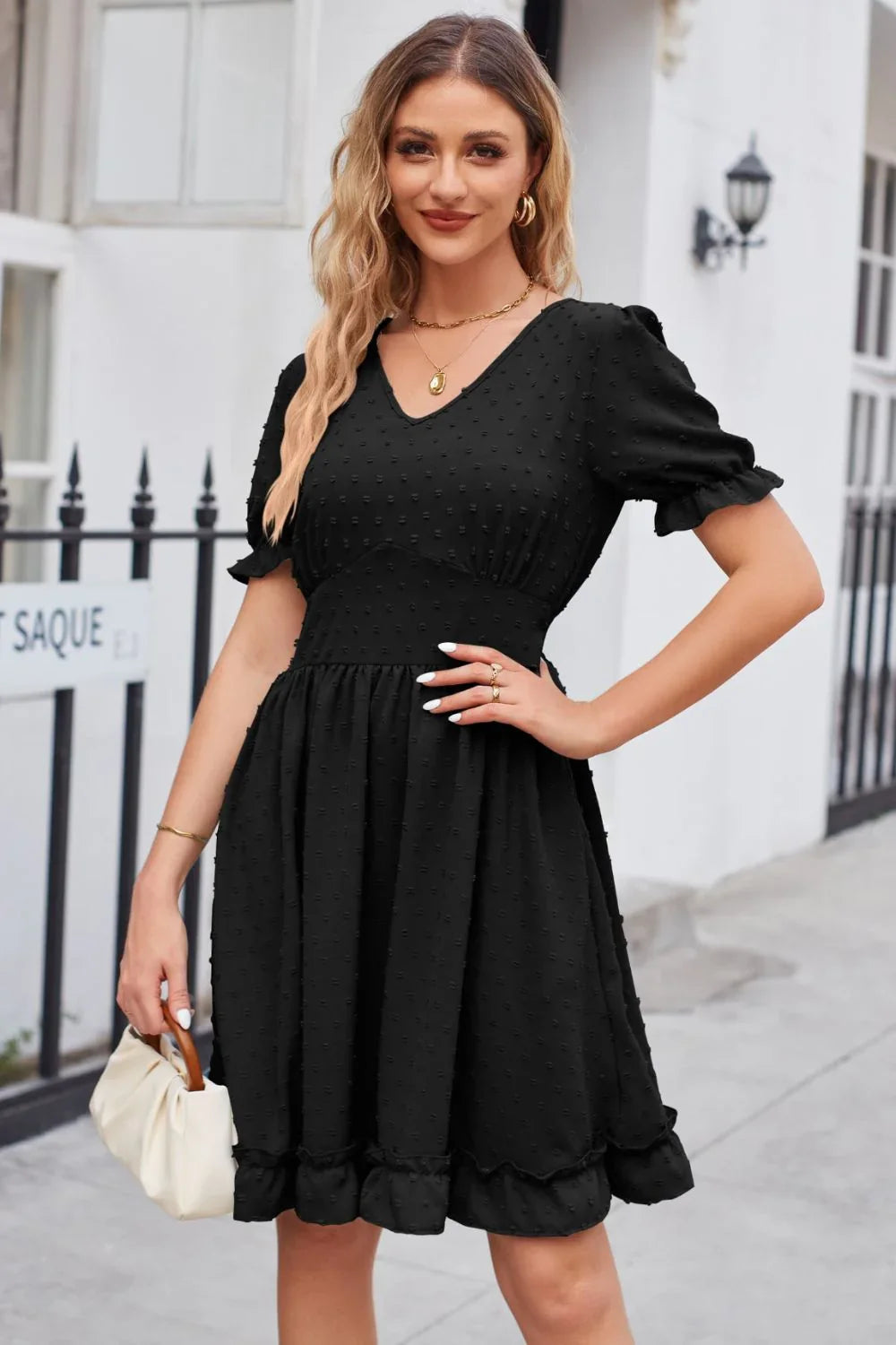 Swiss Dot Frill Trim Flounce Sleeve V Neck Dress - Southern Shores Clothing