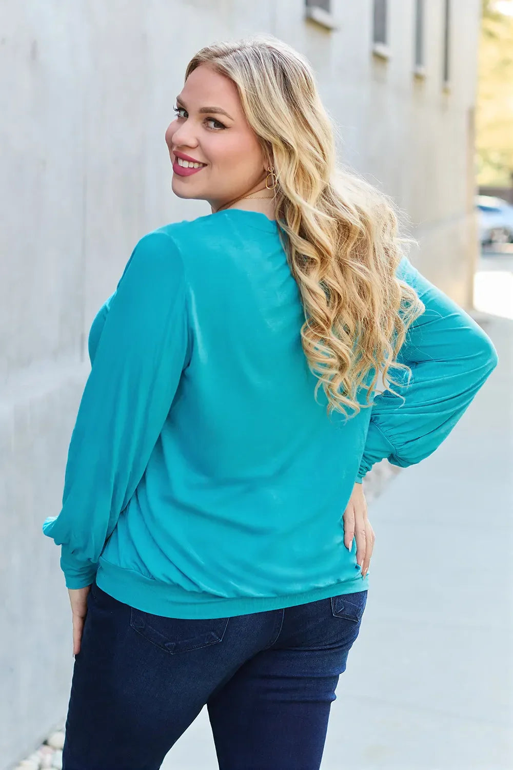 V Neck Lantern Sleeve Top Lightweight Stretch - Southern Shores Clothing
