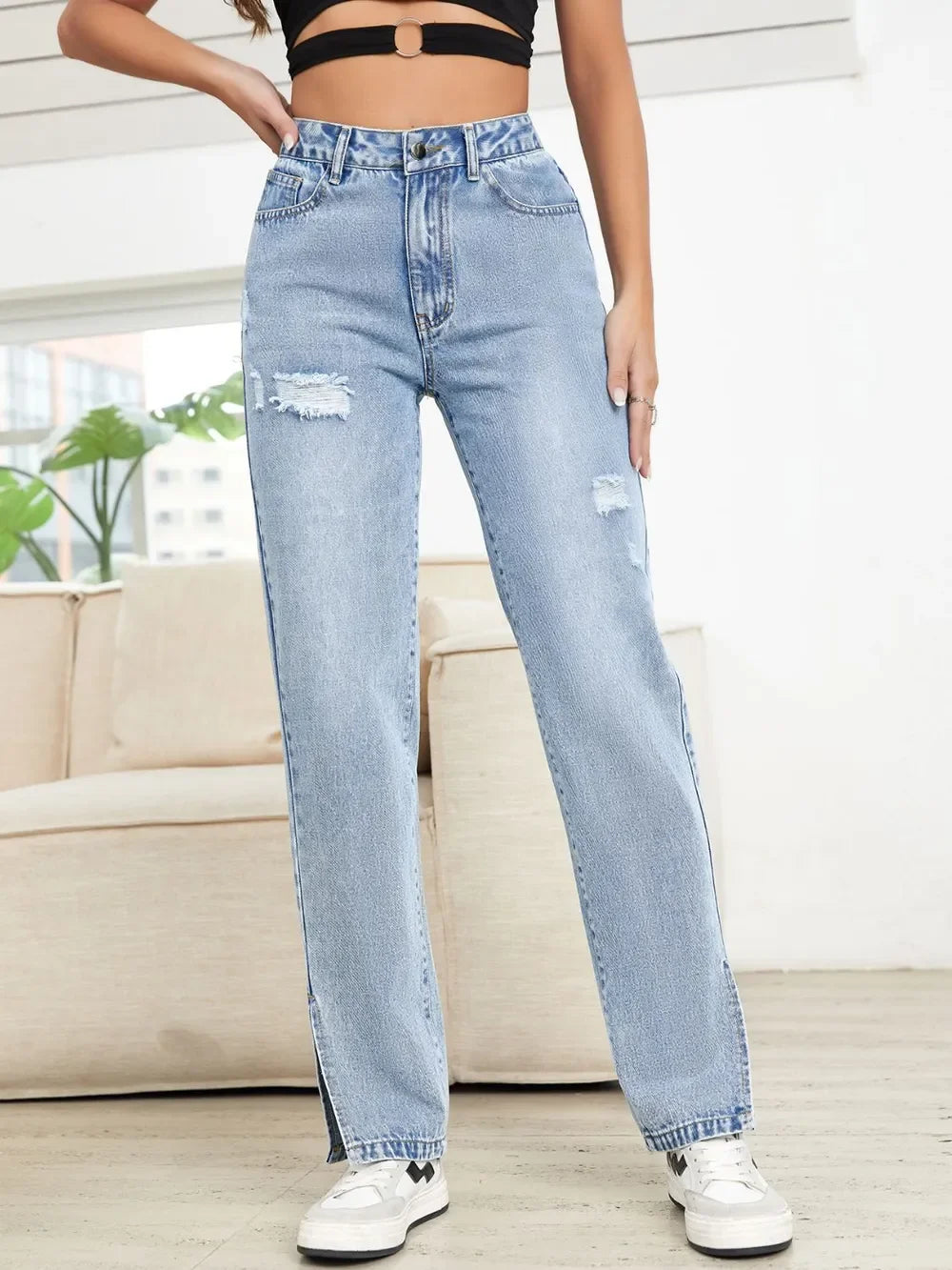 Nautical Inspired Distressed Slit Straight Leg Jeans - Southern Shores Clothing
