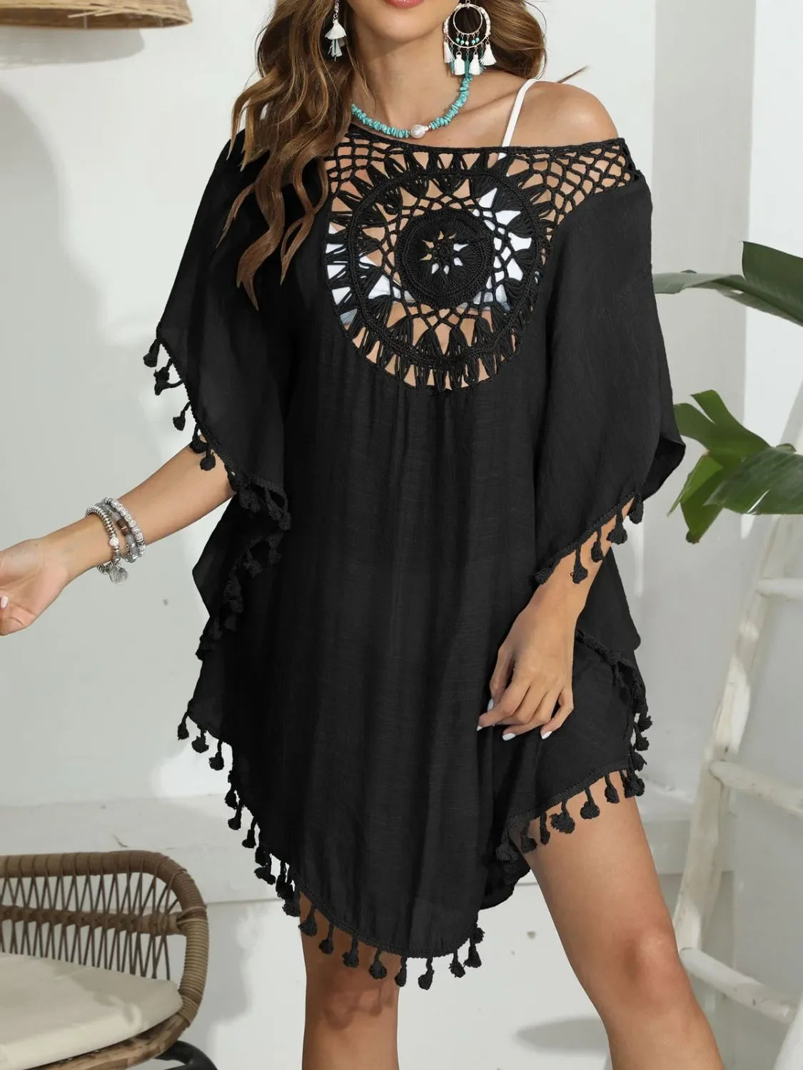 Tassel Crochet Round Neck Cover Up - Southern Shores Clothing