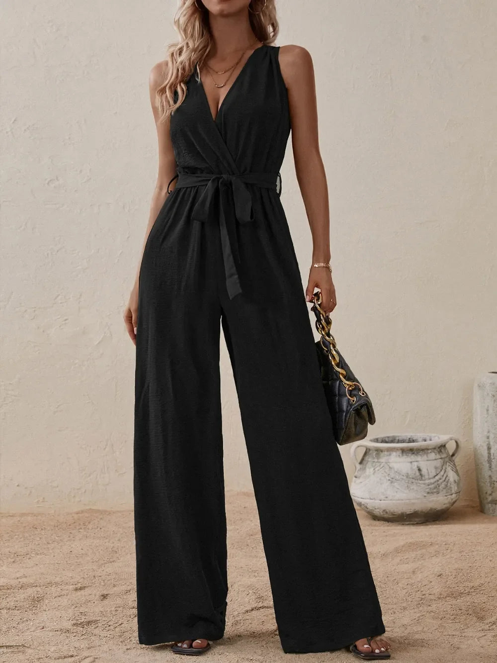 Tied Surplice Sleeveless Wide Leg Jumpsuit - Southern Shores Clothing