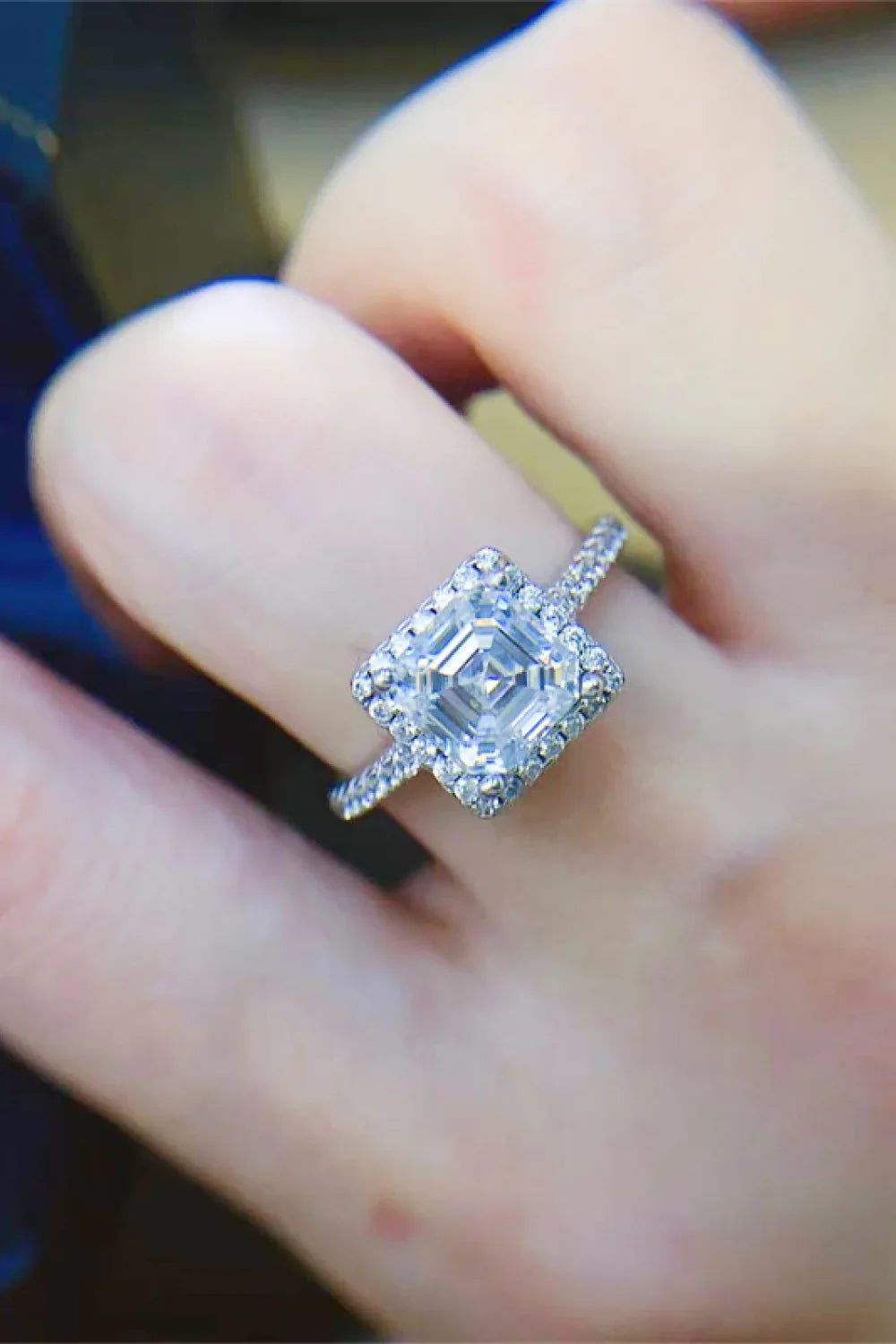 Emerald-Cut Moissanite Ring With Halo In Sterling Silver - Southern Shores Clothing