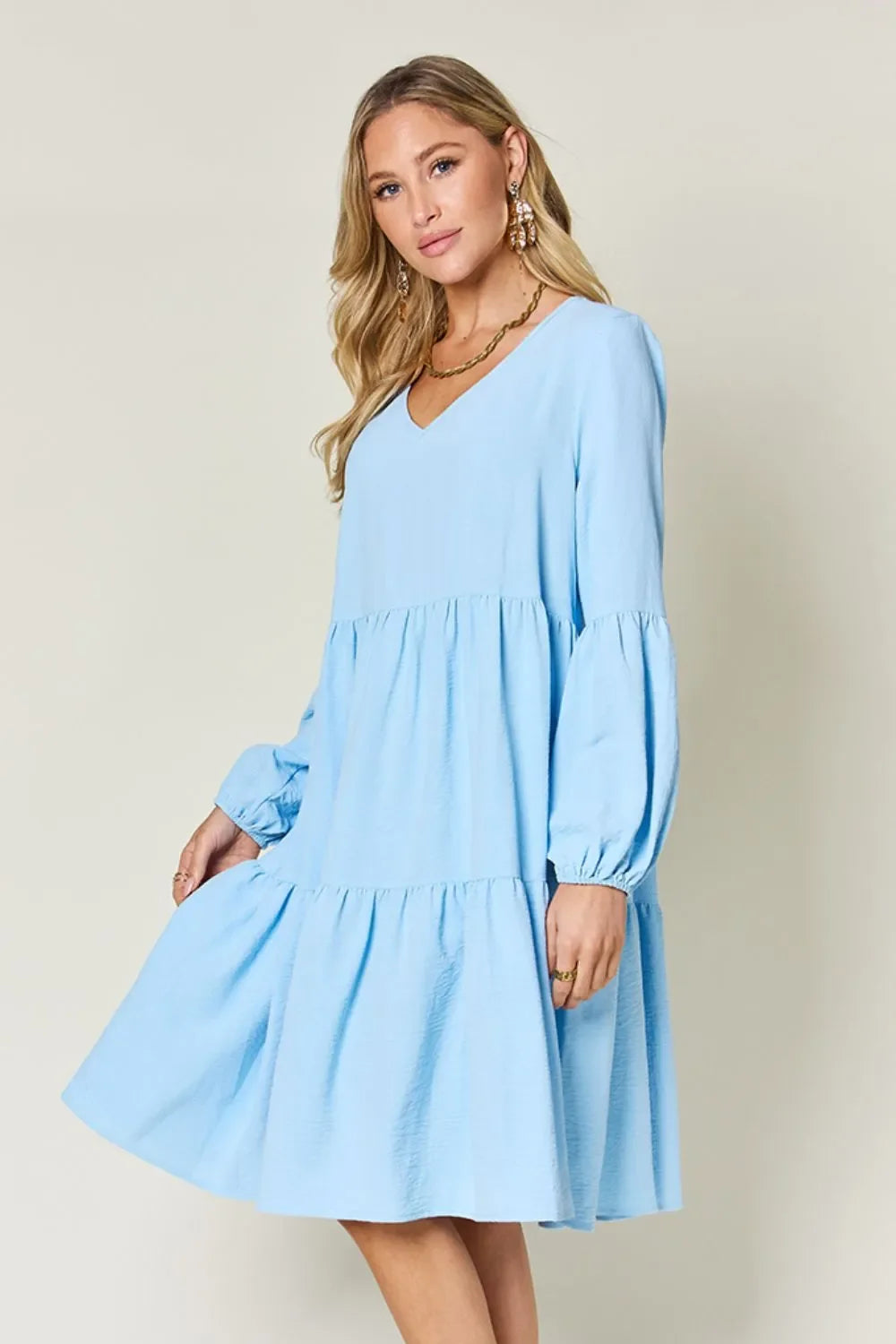 V Neck Balloon Sleeve Tiered Dress With Pockets - Southern Shores Clothing