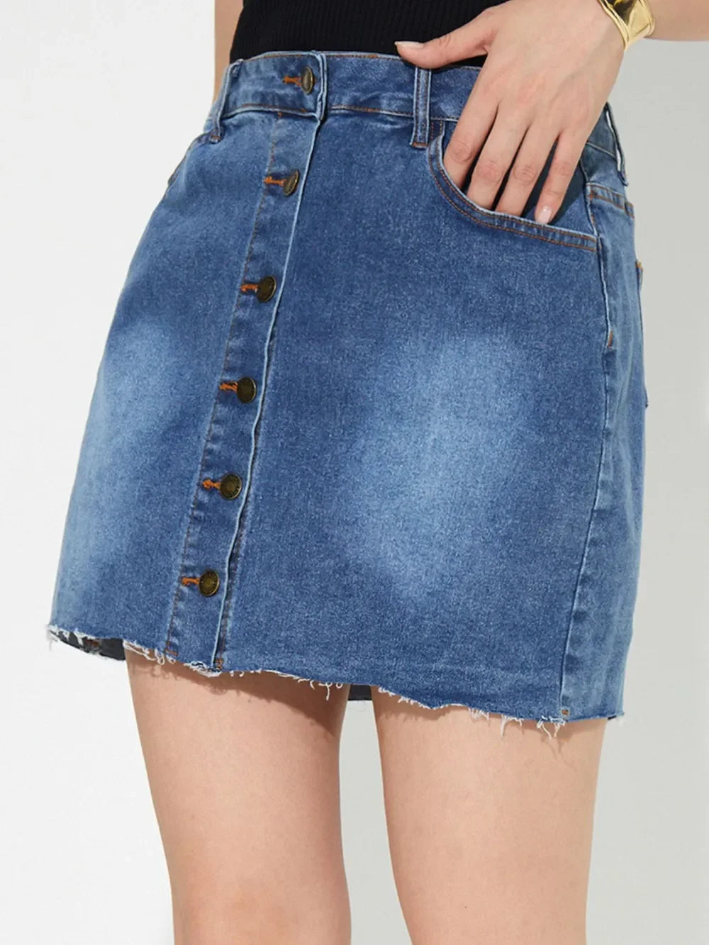 Pocketed Button Up Stretch Denim Skirt Casual - Southern Shores Clothing