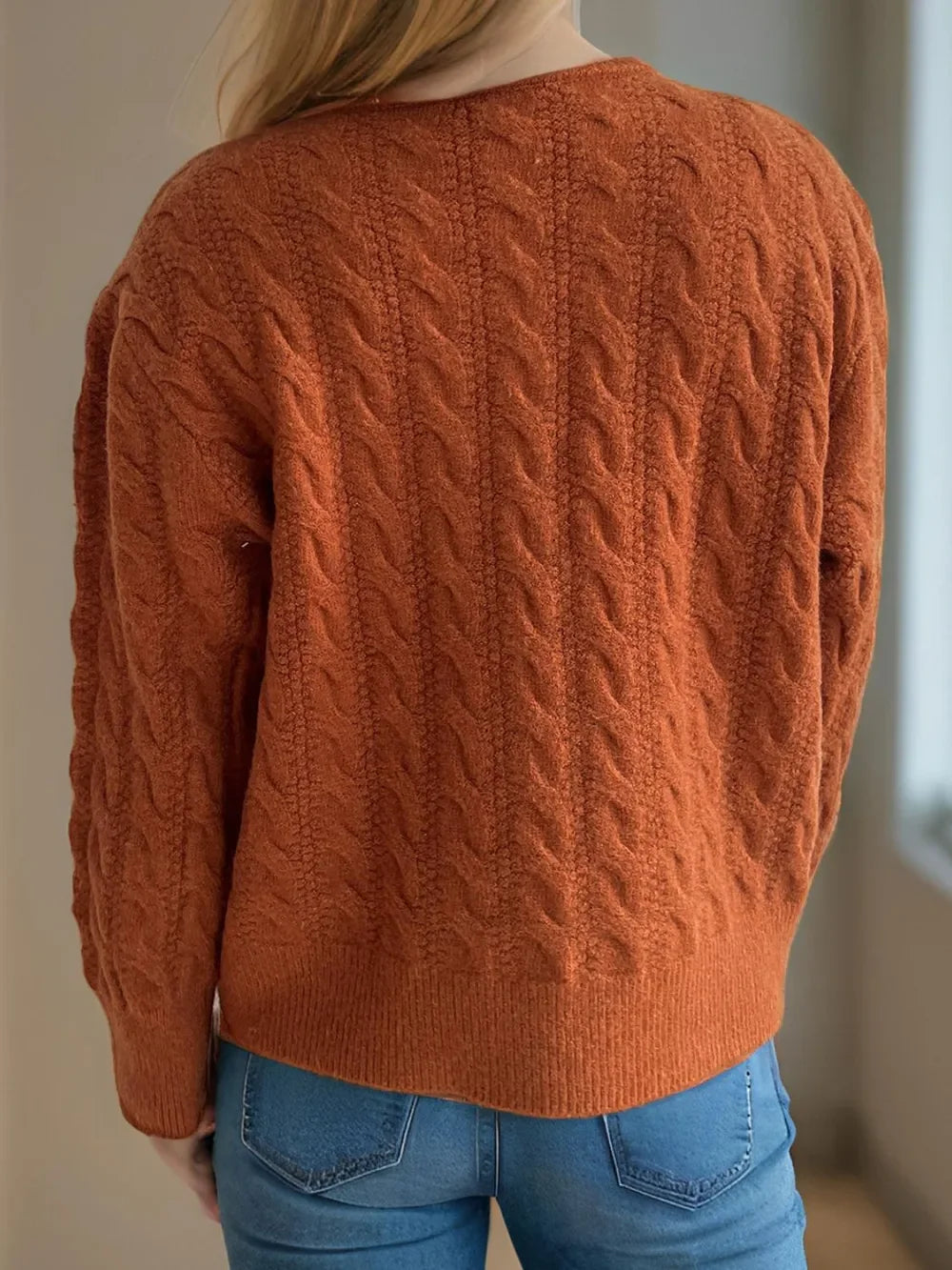 Cable-Knit Round-Neck Long Sleeve Cardigan Buttoned - Southern Shores Clothing
