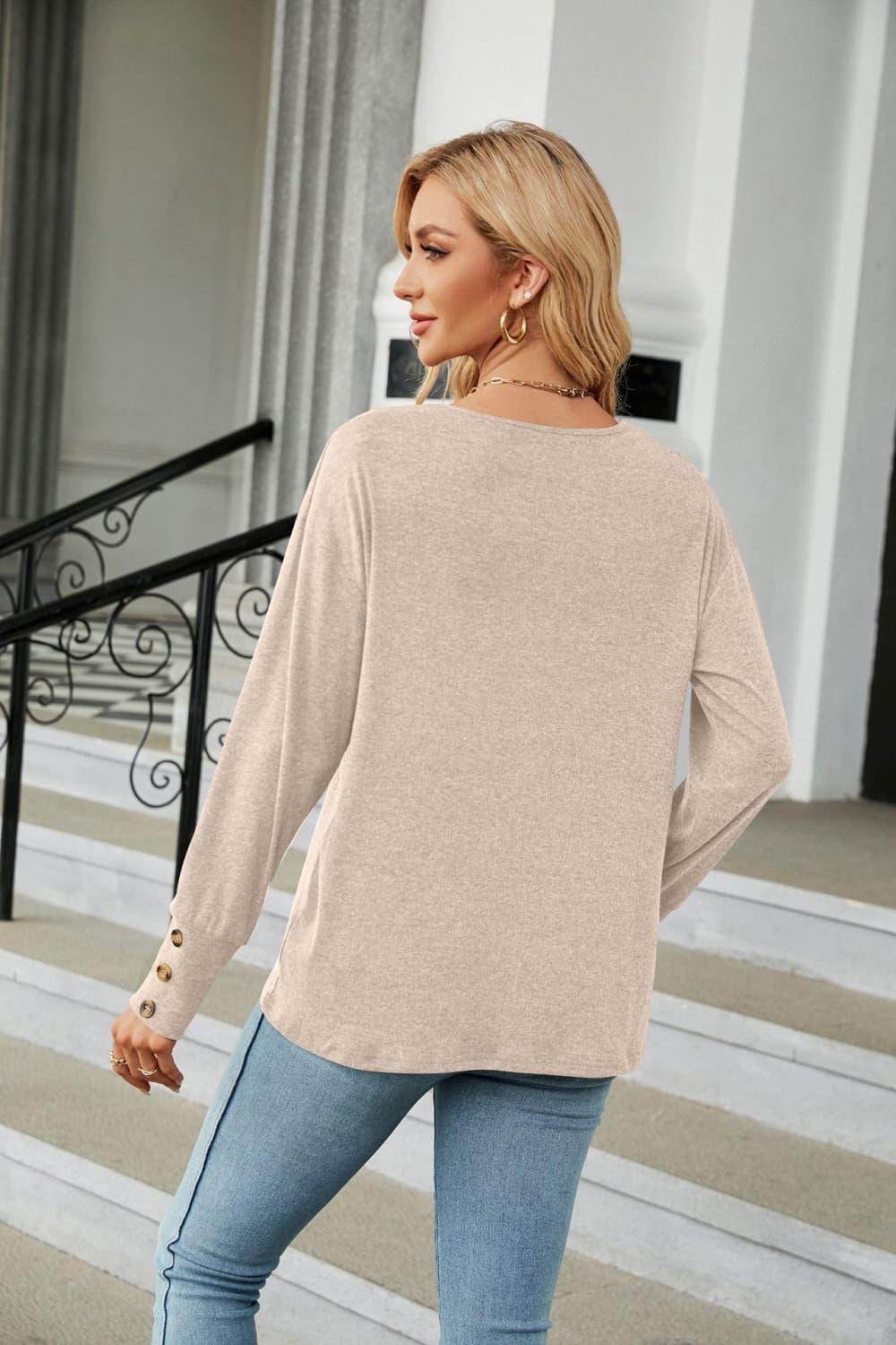 V-Neck Long Sleeve Tee With Button Detail - Southern Shores Clothing