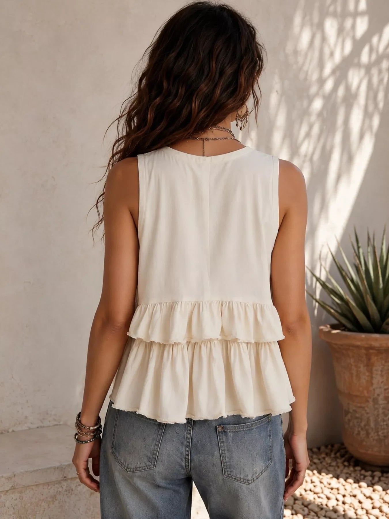 Ruffled V-Neck Sleeveless Tank Top Tiered Hem Polyester Blend - Southern Shores Clothing