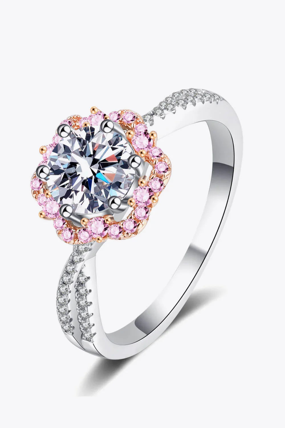 1 Carat Moissanite Flower Crisscross Ring With Pink Halo - Southern Shores Clothing