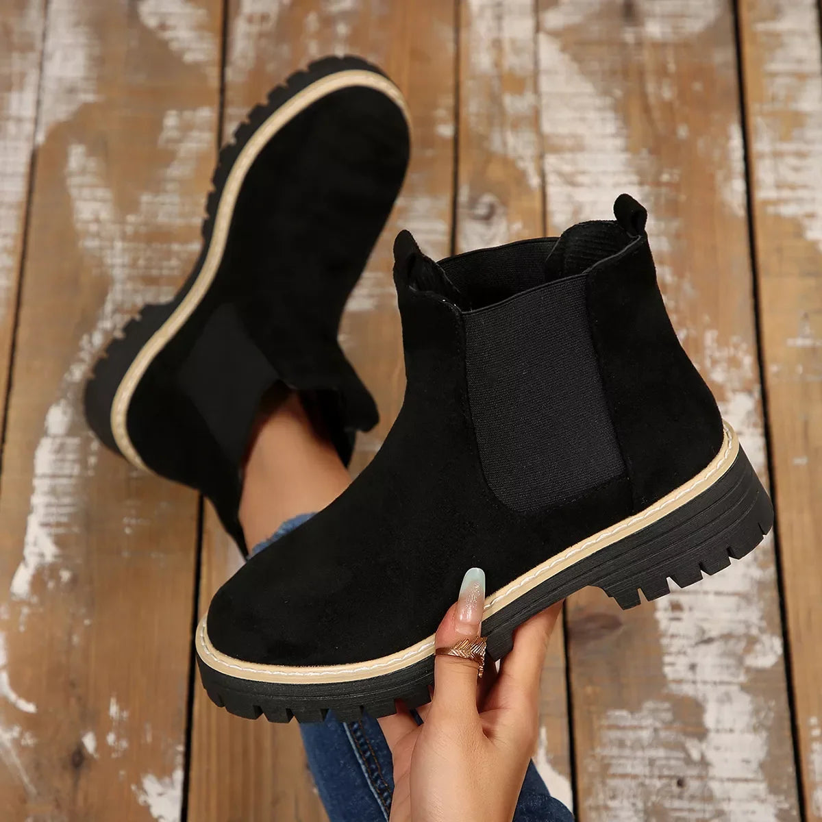 Round Toe Block Heel Boots Suede And Rubber - Southern Shores Clothing