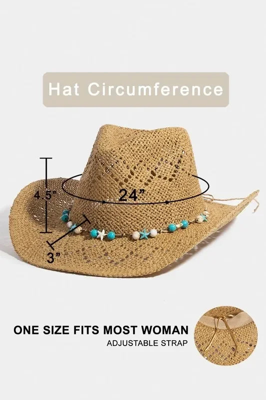 Beaded Shell Strap Western Straw Hat Boho - Southern Shores Clothing