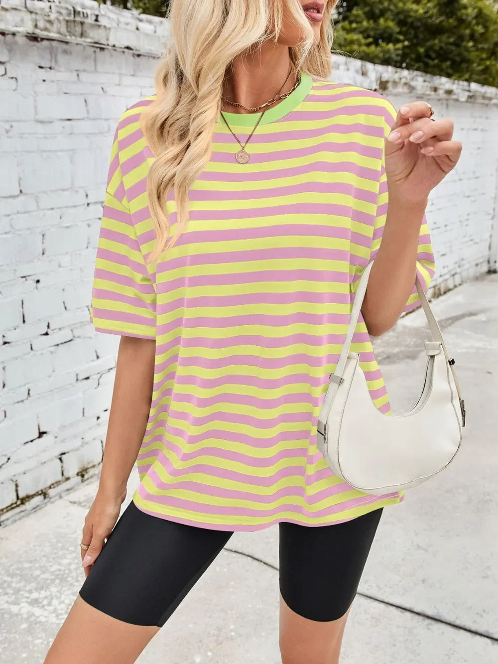 Striped Round Neck Half Sleeve Stretchy T Shirt - Southern Shores Clothing