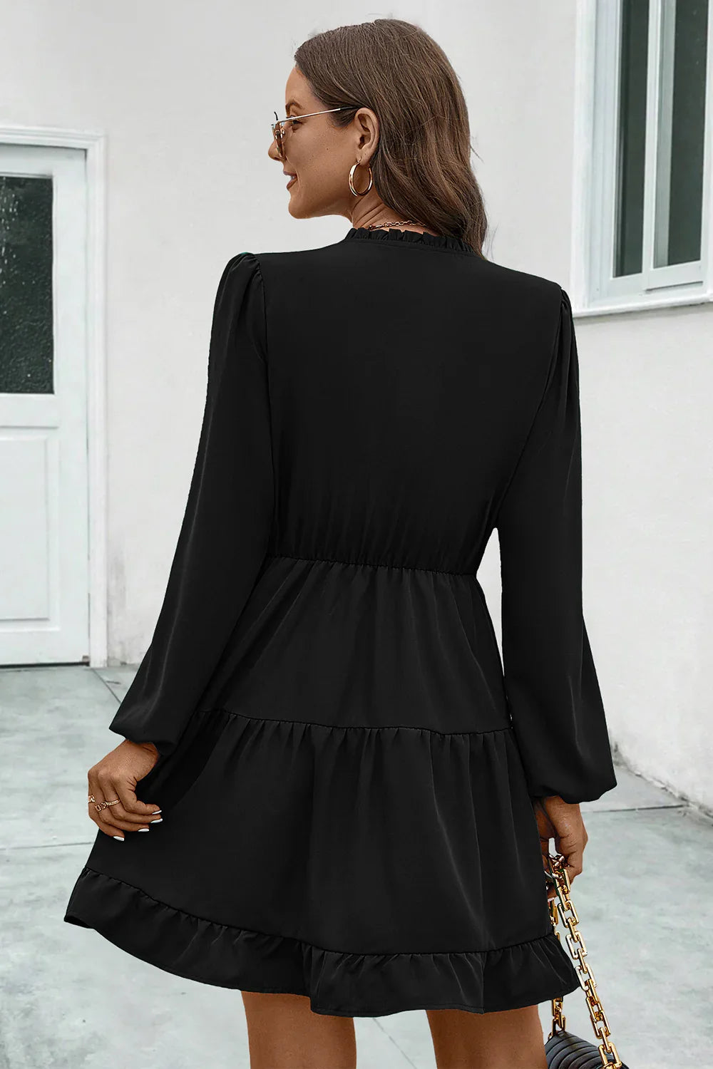 V-Neck Tie Neck Long Sleeve Dress - Southern Shores Clothing